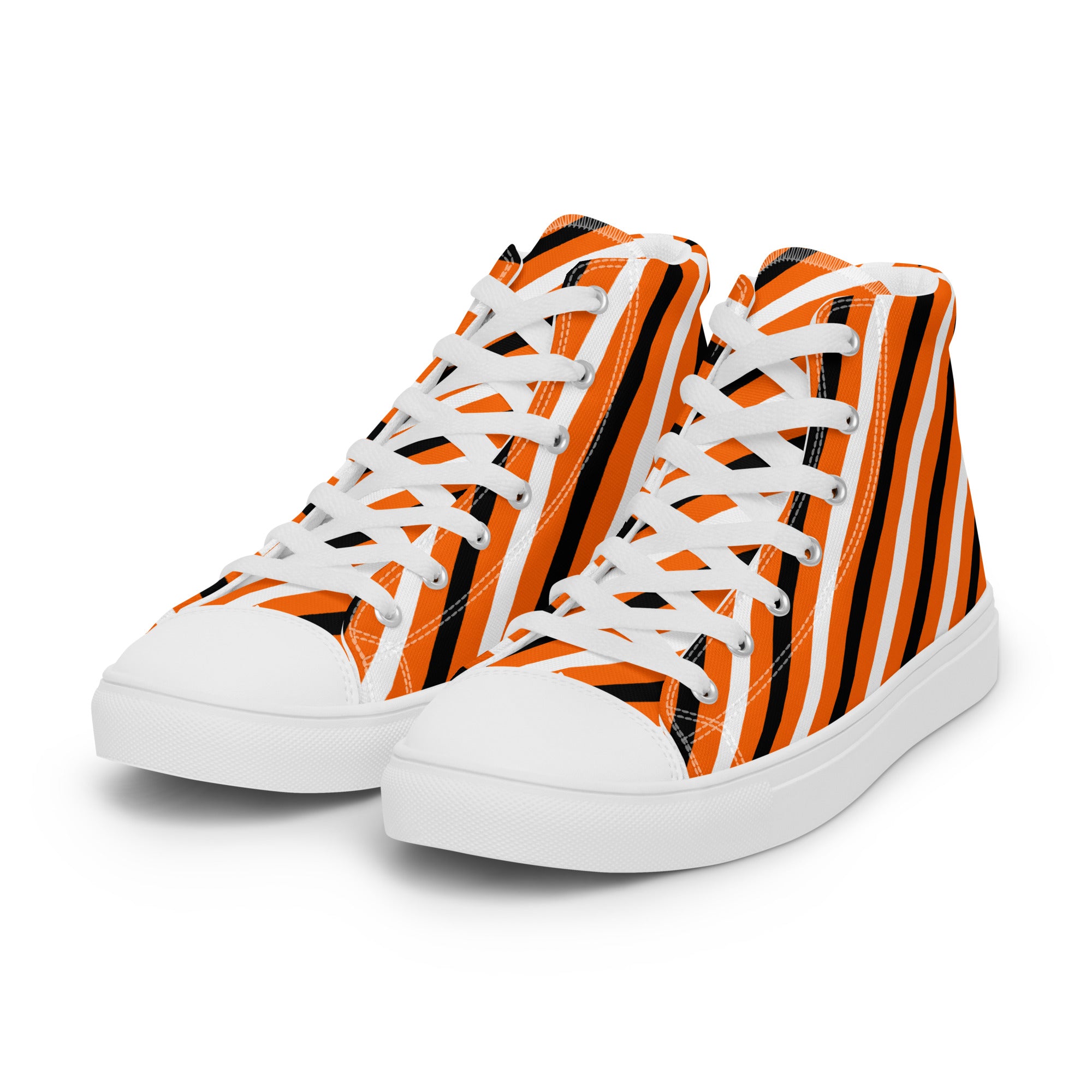 Men’s Orange and Black Striped High-Top Sneakers, Canvas Casual Shoes