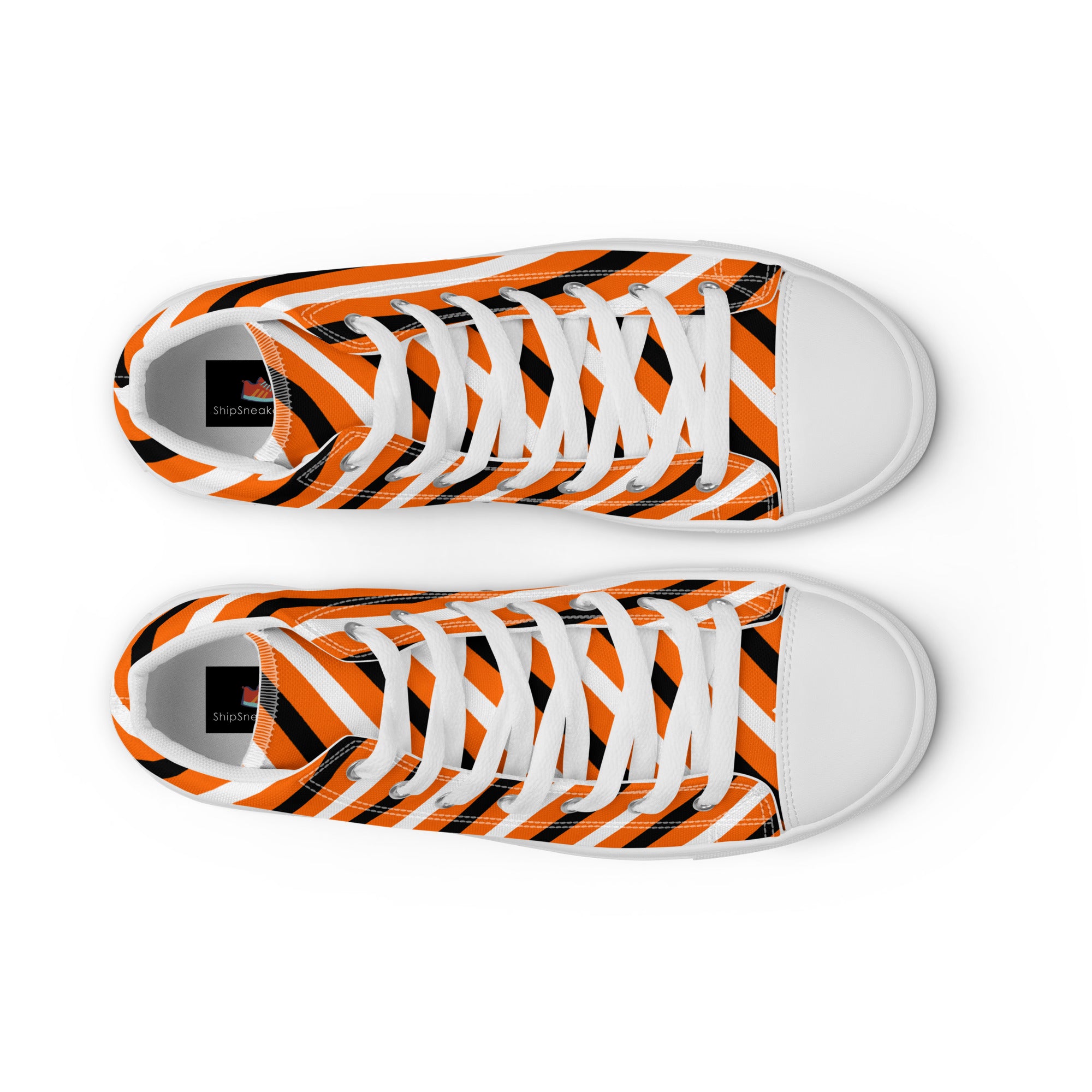 Men’s Orange and Black Striped High-Top Sneakers, Canvas Casual Shoes