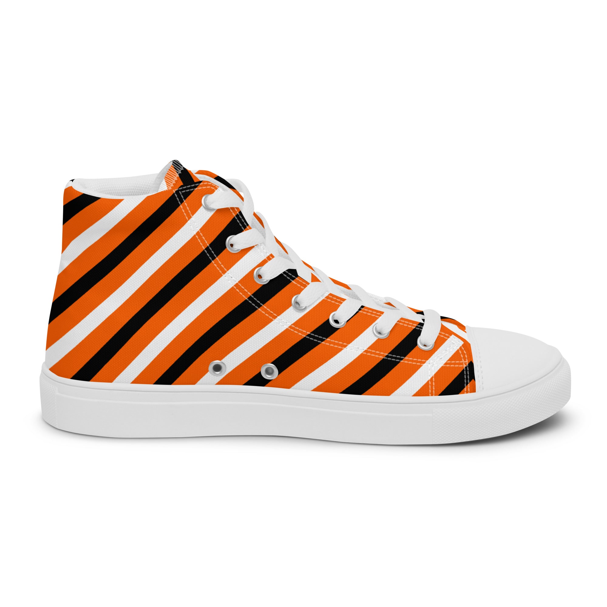 Men’s Orange and Black Striped High-Top Sneakers, Canvas Casual Shoes