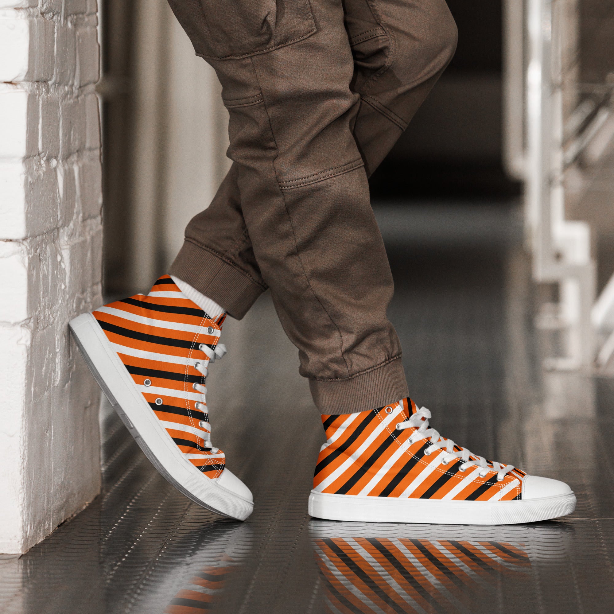 Men’s Orange and Black Striped High-Top Sneakers, Canvas Casual Shoes