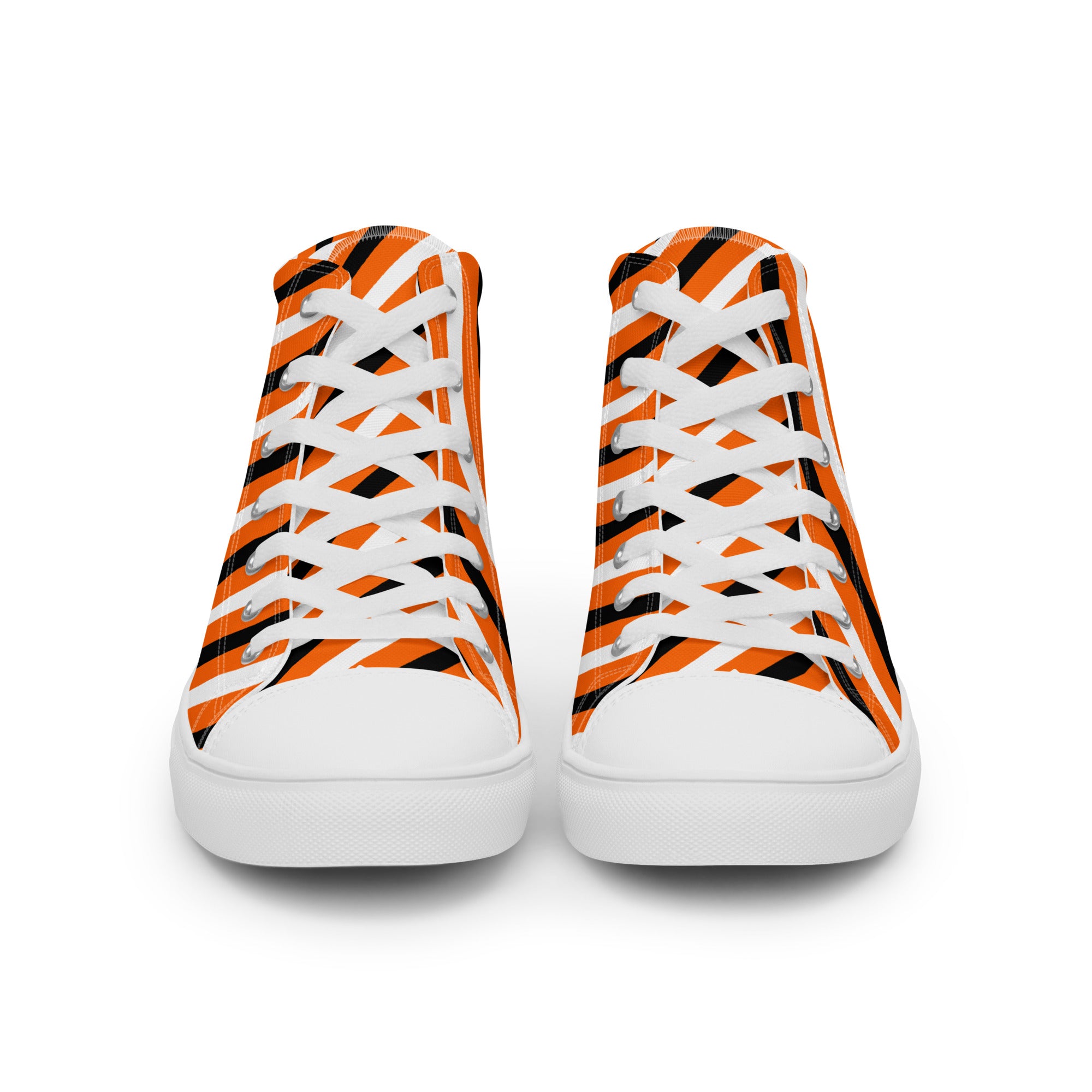 Men’s Orange and Black Striped High-Top Sneakers, Canvas Casual Shoes