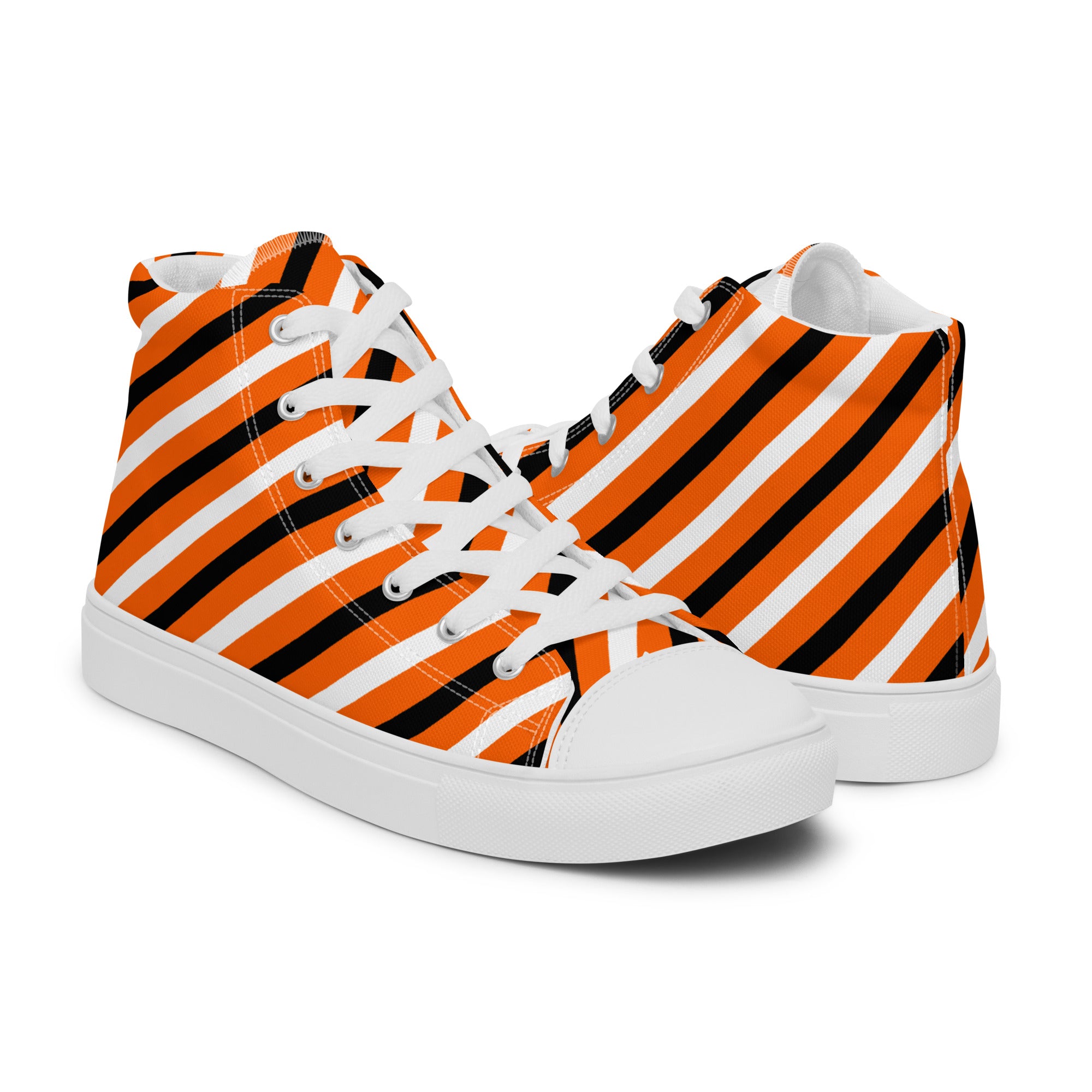 Men’s Orange and Black Striped High-Top Sneakers, Canvas Casual Shoes