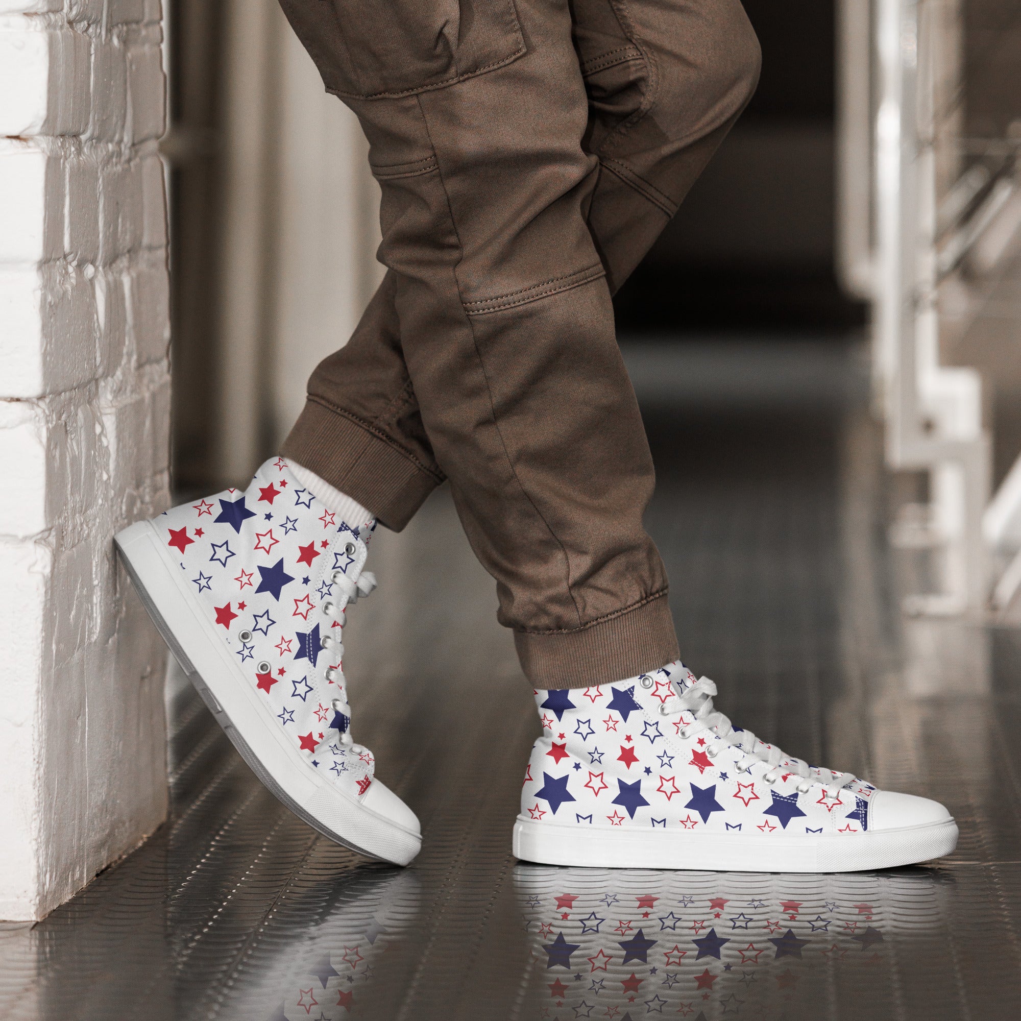 Men’s Patriotic Star High-Top Sneakers, Red, White & Blue Canvas Shoes