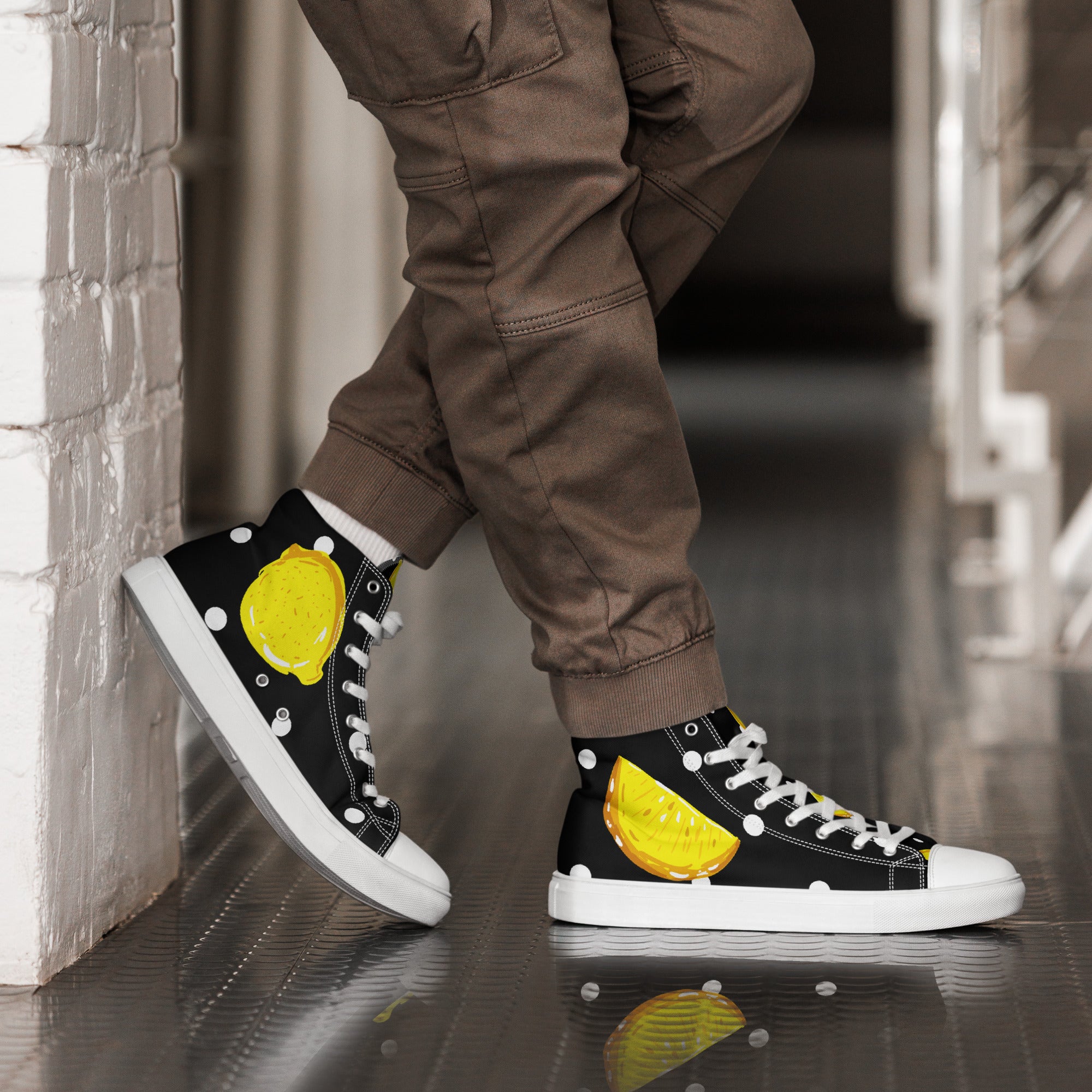 Men’s Lemon Slice High-Top Sneakers, Black Canvas Casual Shoes