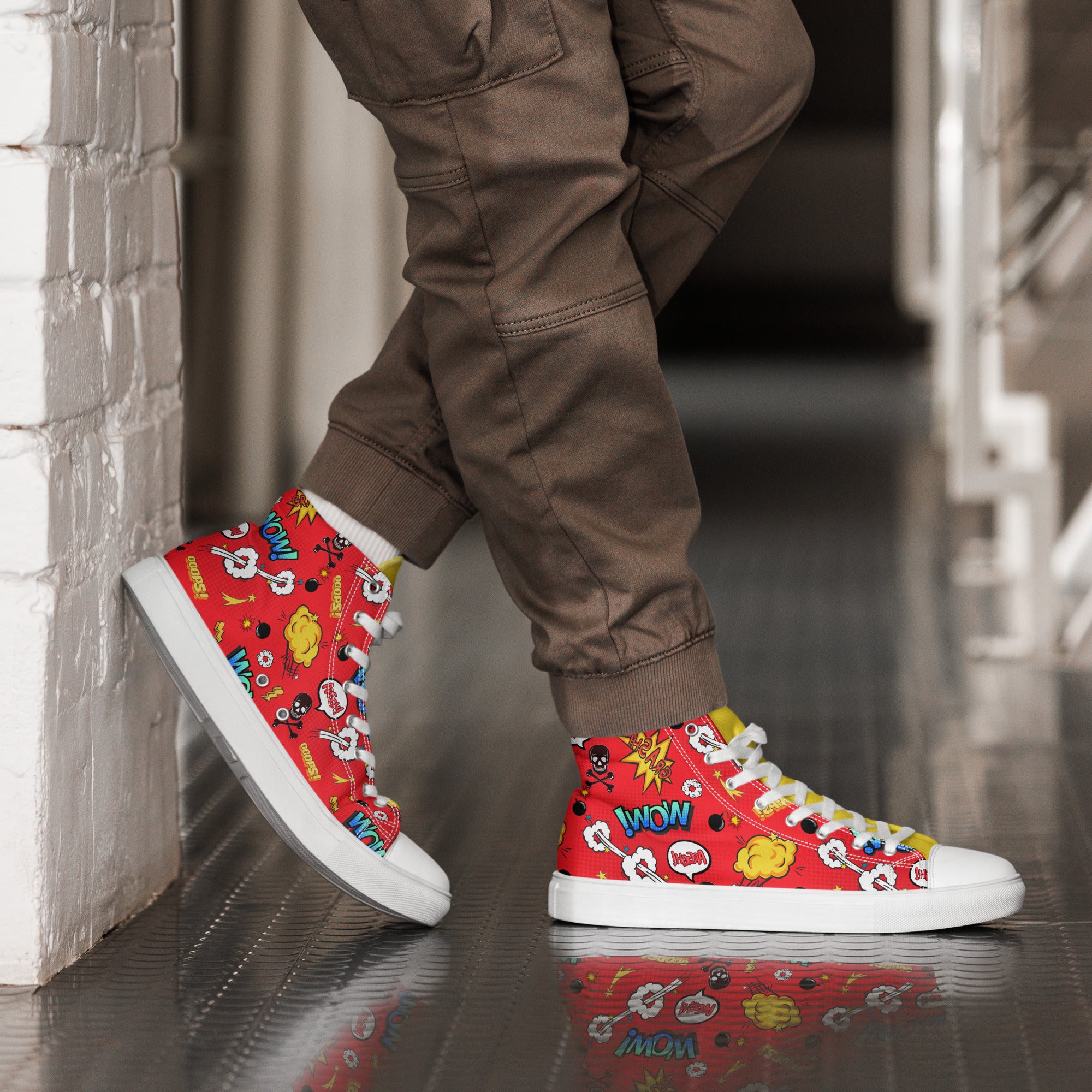 Men’s Comic Book Print High-Top Sneakers, Red & Yellow Canvas Shoes