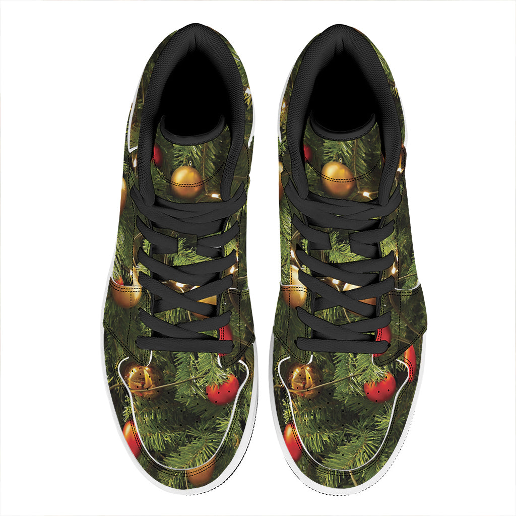 Festive High Top Leather Sneakers with Christmas Tree Design