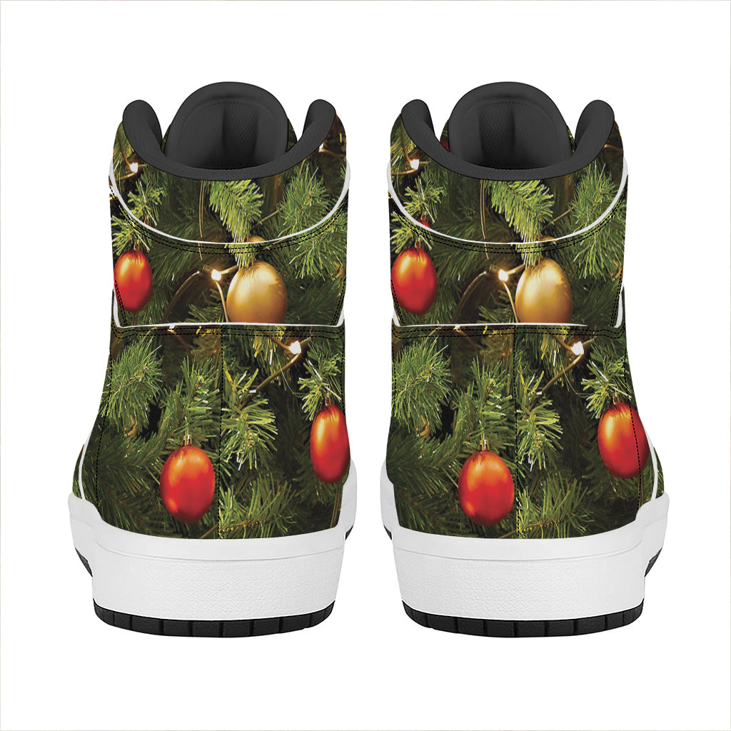 Festive High Top Leather Sneakers with Christmas Tree Design