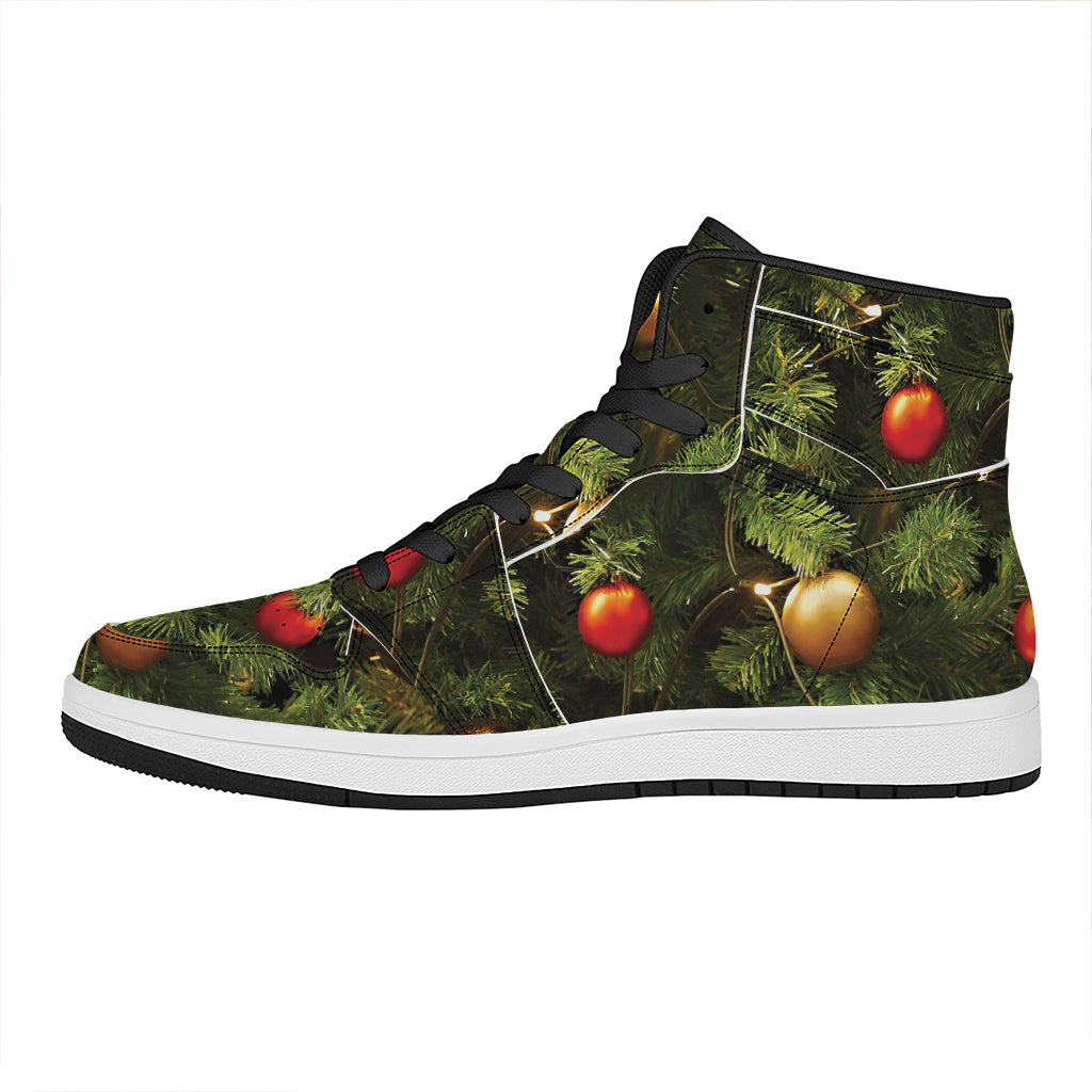 Festive High Top Leather Sneakers with Christmas Tree Design