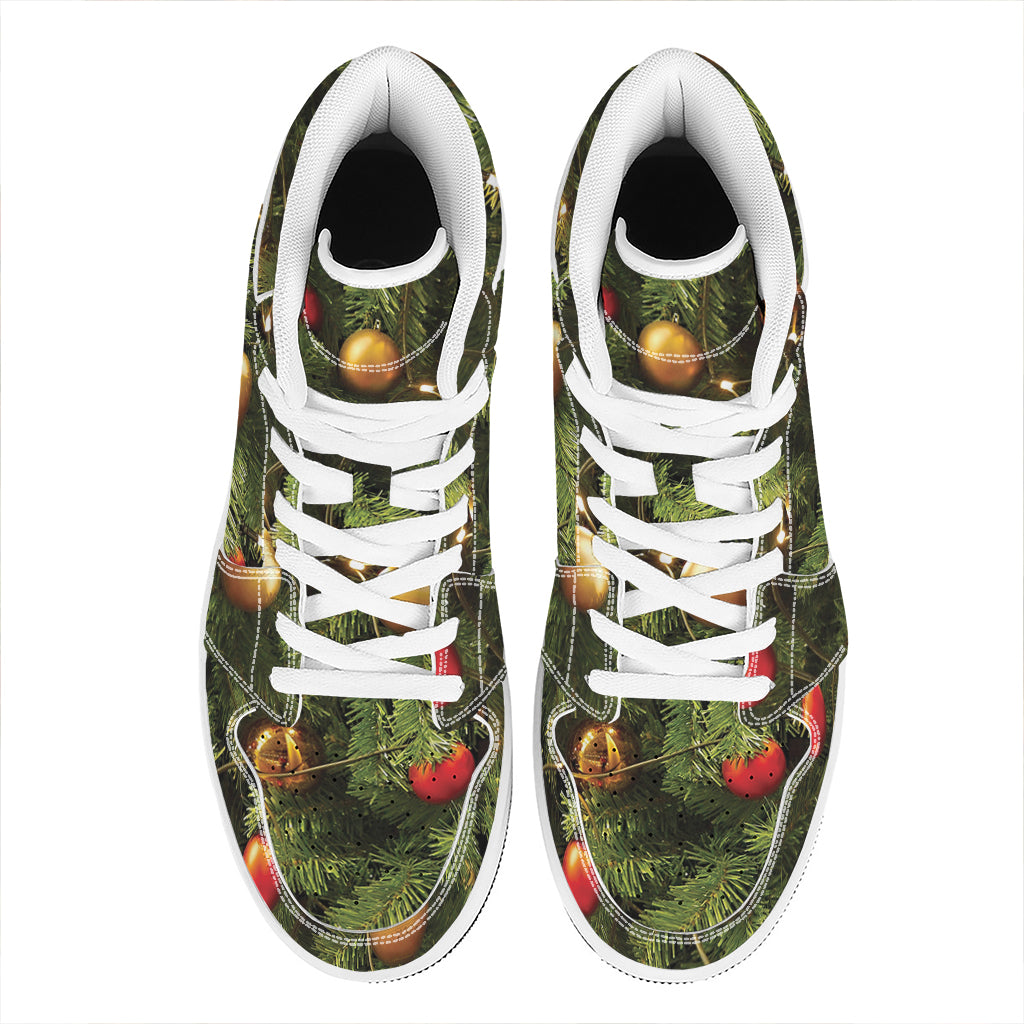 Festive High Top Leather Sneakers with Christmas Tree Design