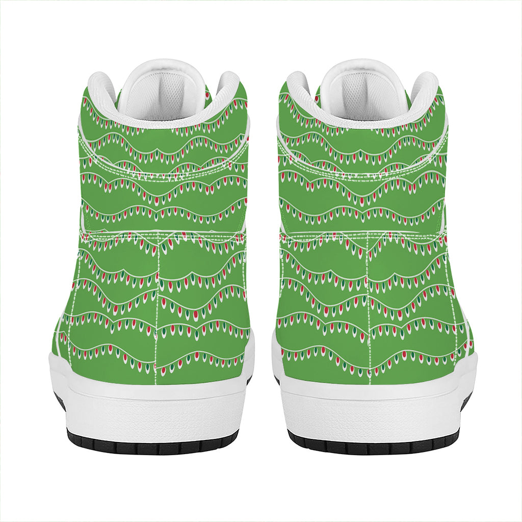 Festive Holiday High Top Leather Sneakers with Christmas Lights Print