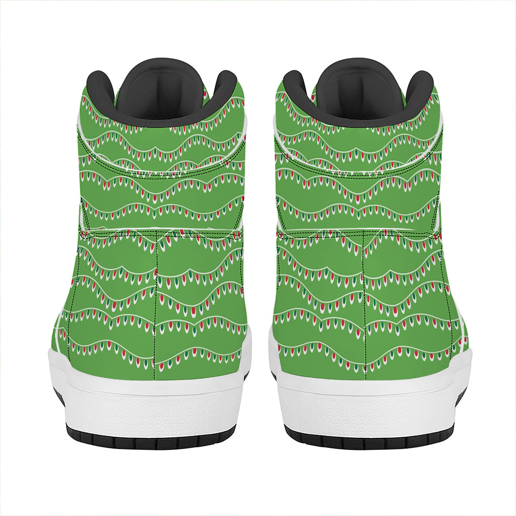 Festive Holiday High Top Leather Sneakers with Christmas Lights Print