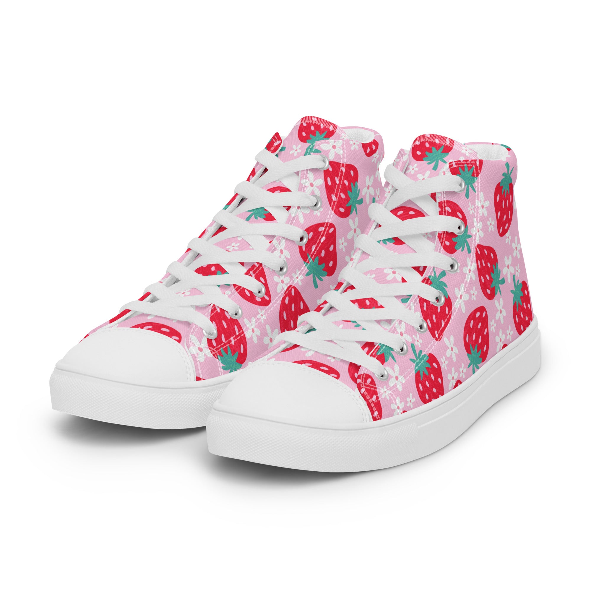 Men’s Strawberry High-Top Sneakers, Pink Canvas Casual Shoes, Fruit Print