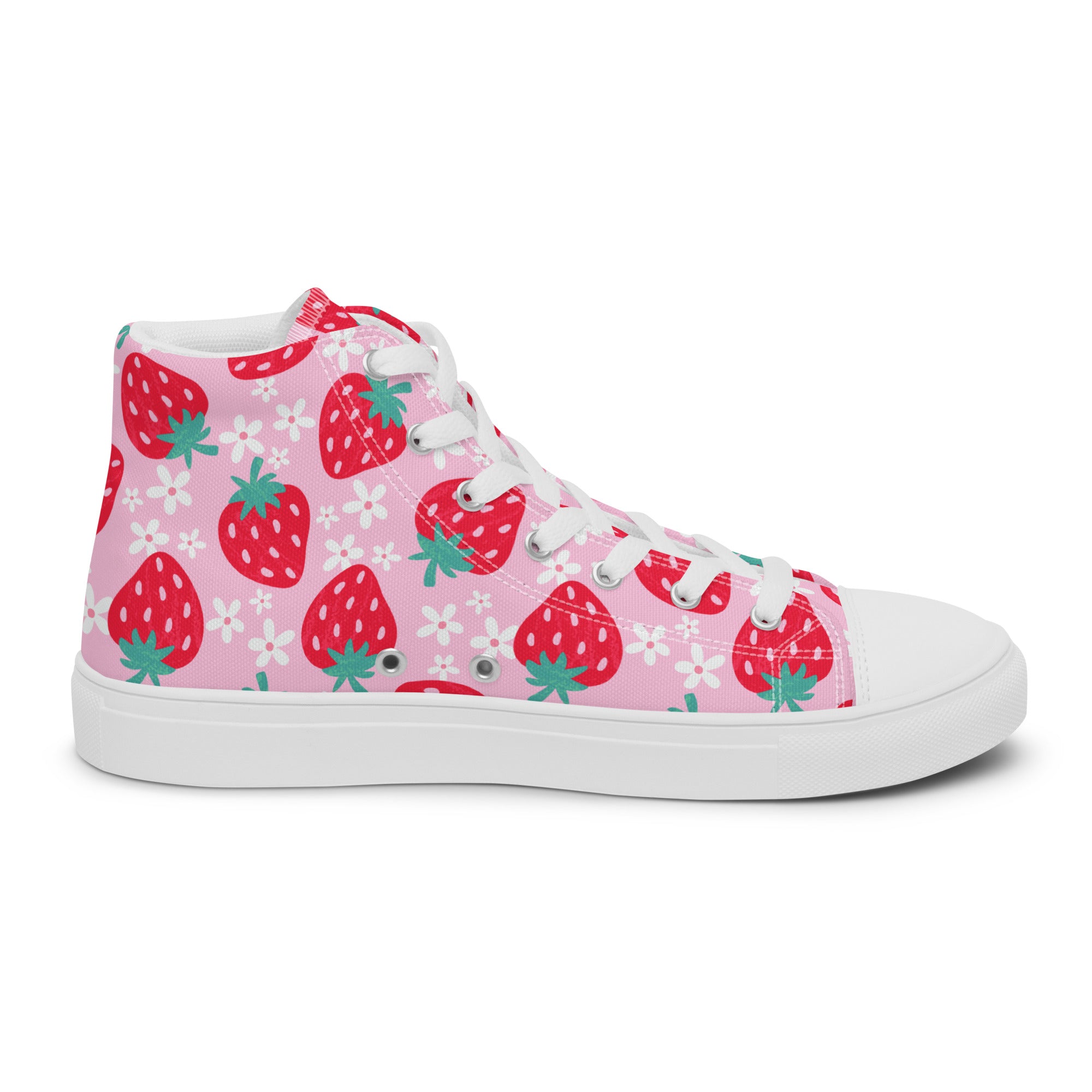 Men’s Strawberry High-Top Sneakers, Pink Canvas Casual Shoes, Fruit Print