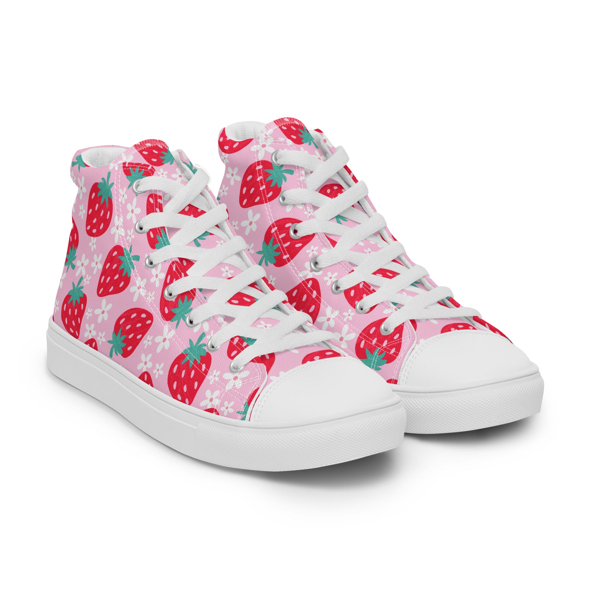 Men’s Strawberry High-Top Sneakers, Pink Canvas Casual Shoes, Fruit Print