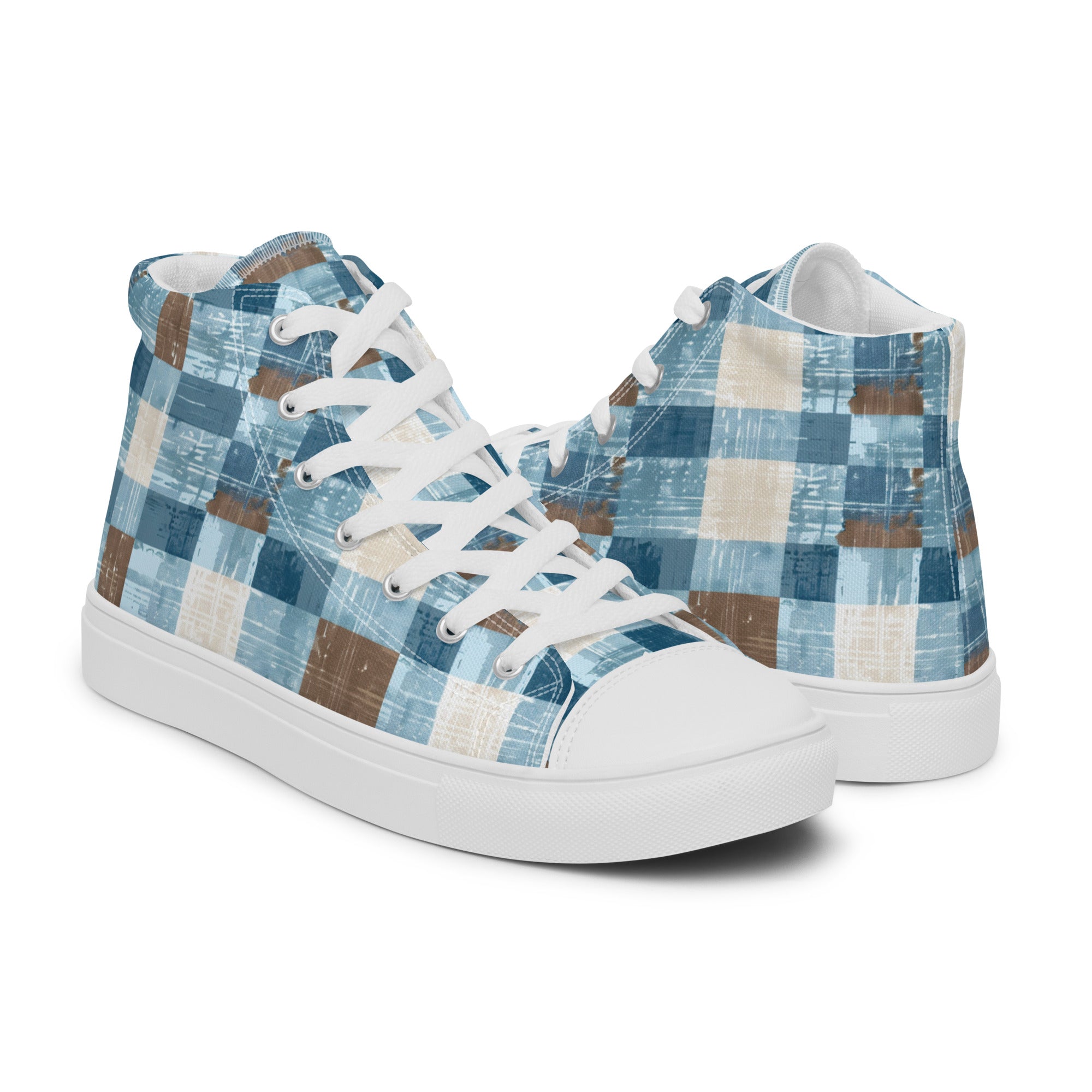 Men’s Blue Plaid High-Top Sneakers, Casual Canvas Shoes