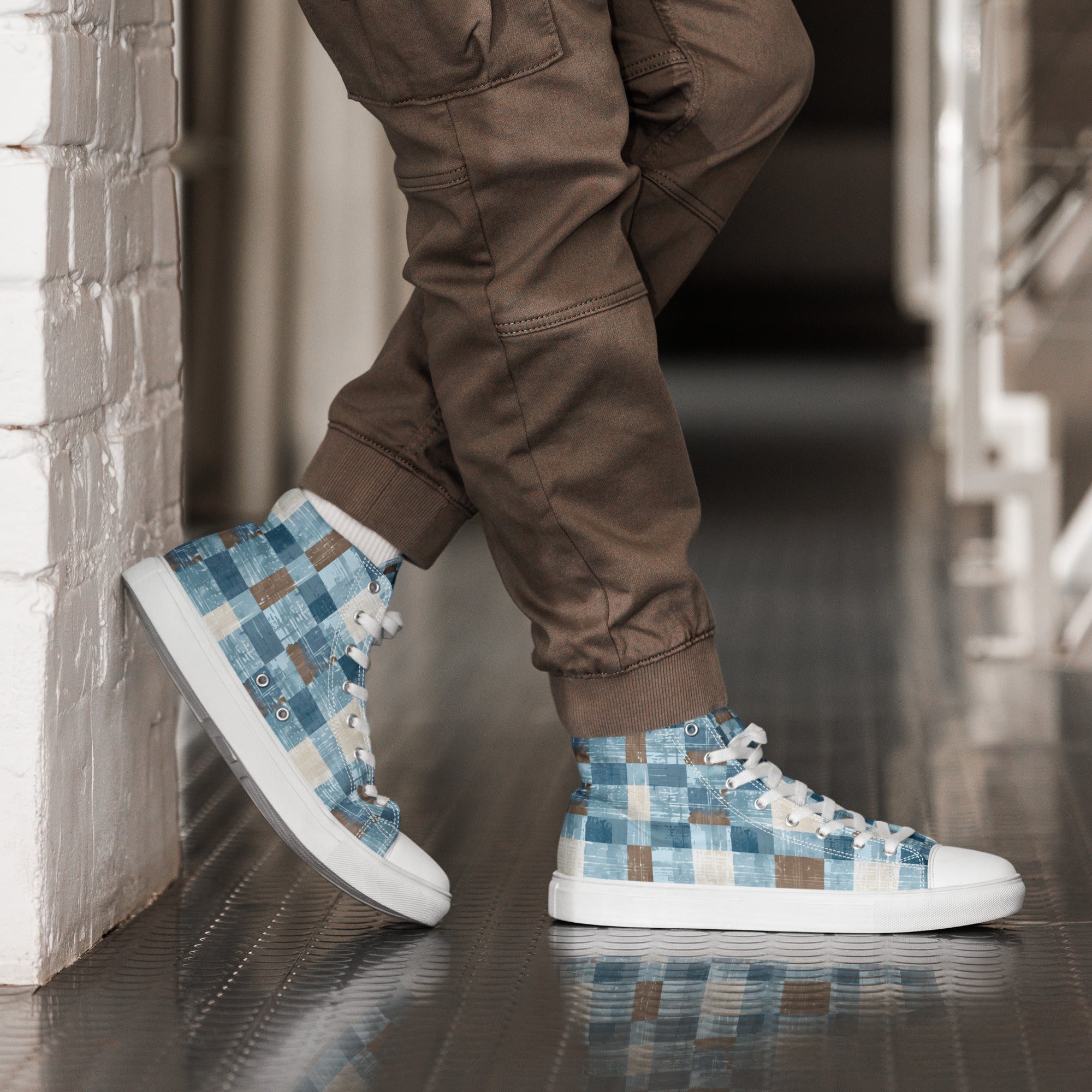 Men’s Blue Plaid High-Top Sneakers, Casual Canvas Shoes