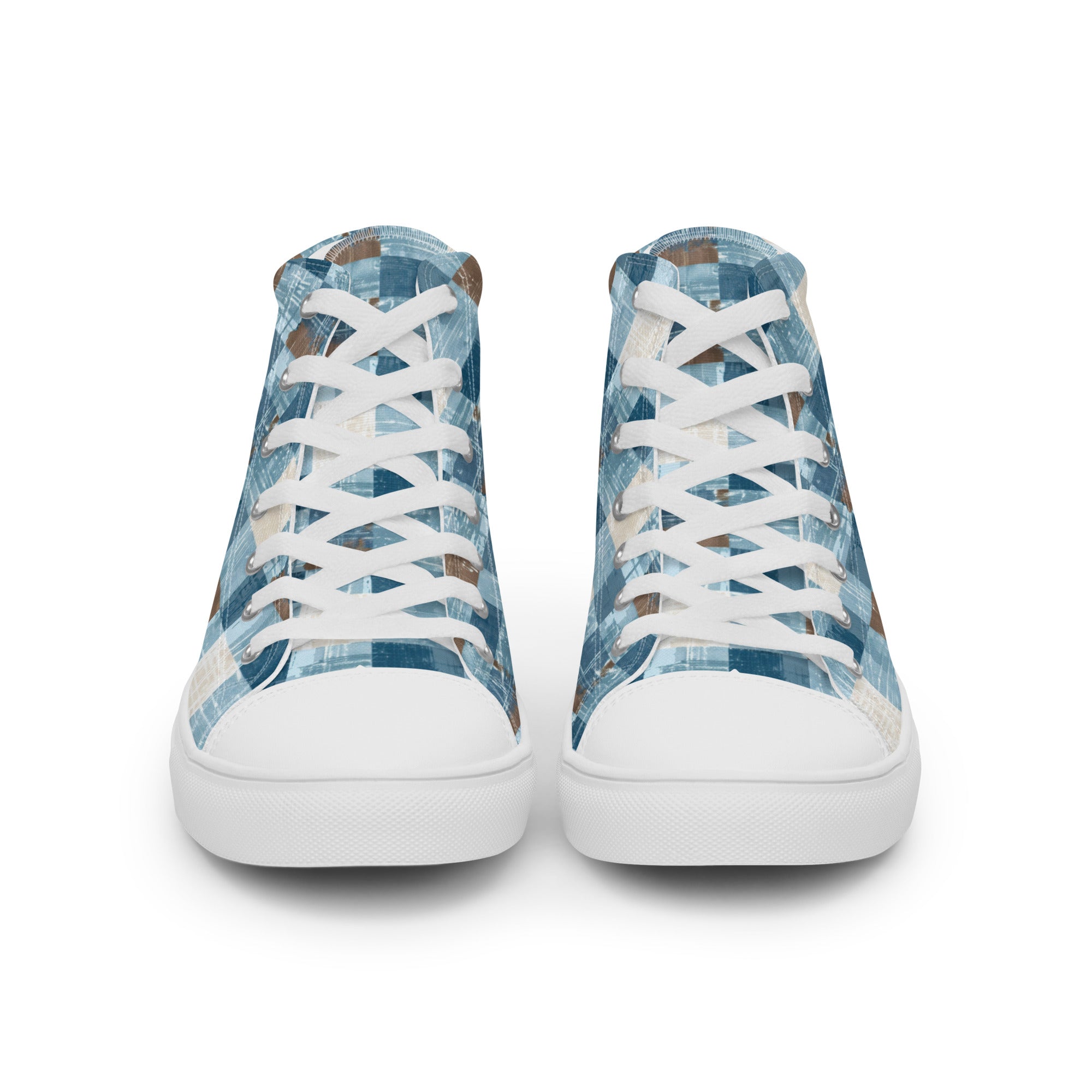 Men’s Blue Plaid High-Top Sneakers, Casual Canvas Shoes