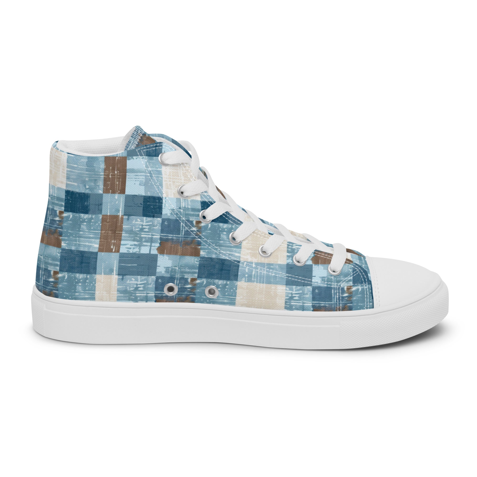 Men’s Blue Plaid High-Top Sneakers, Casual Canvas Shoes