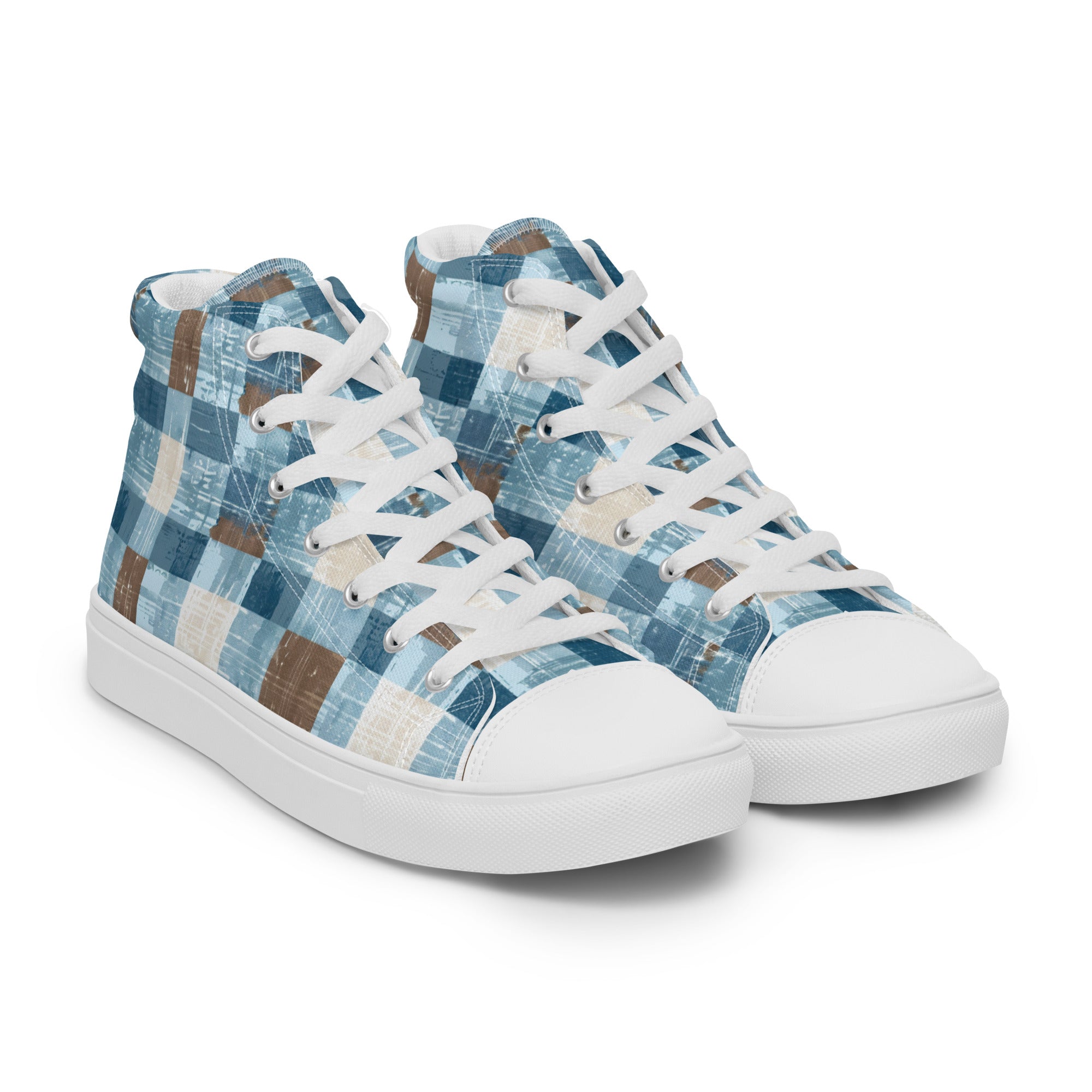 Men’s Blue Plaid High-Top Sneakers, Casual Canvas Shoes