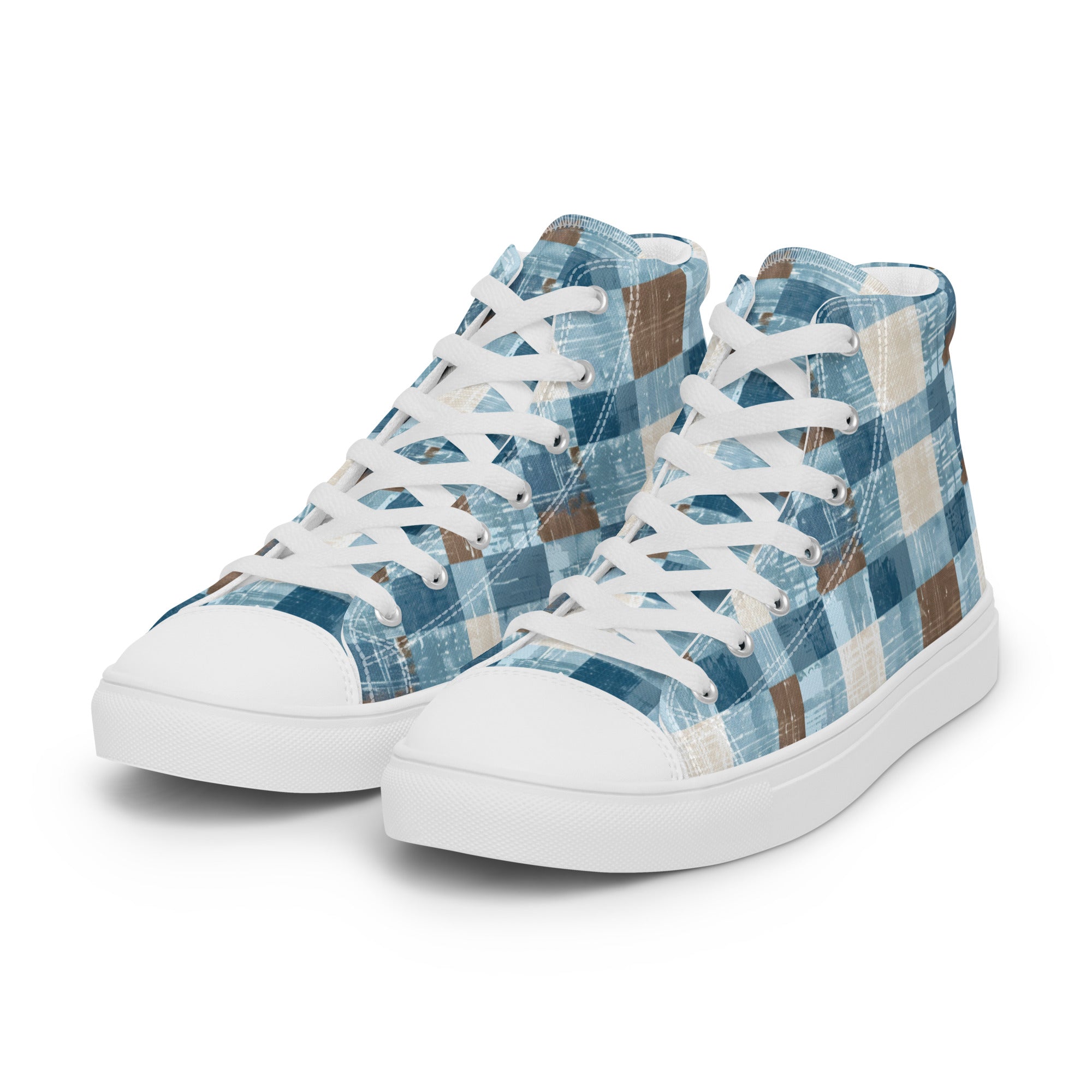 Men’s Blue Plaid High-Top Sneakers, Casual Canvas Shoes