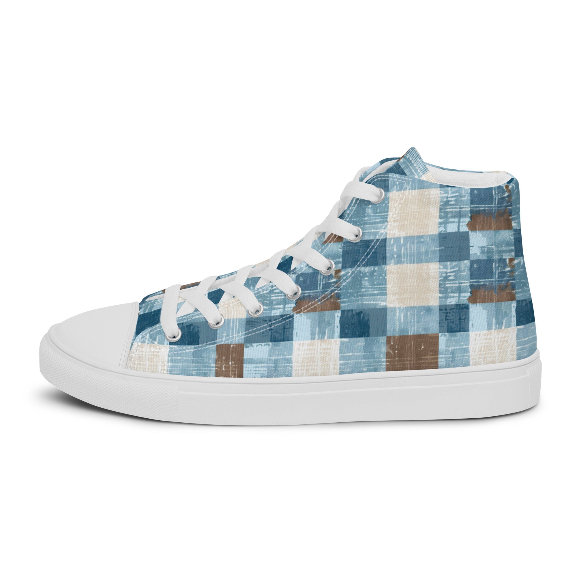 Men’s Blue Plaid High-Top Sneakers, Casual Canvas Shoes