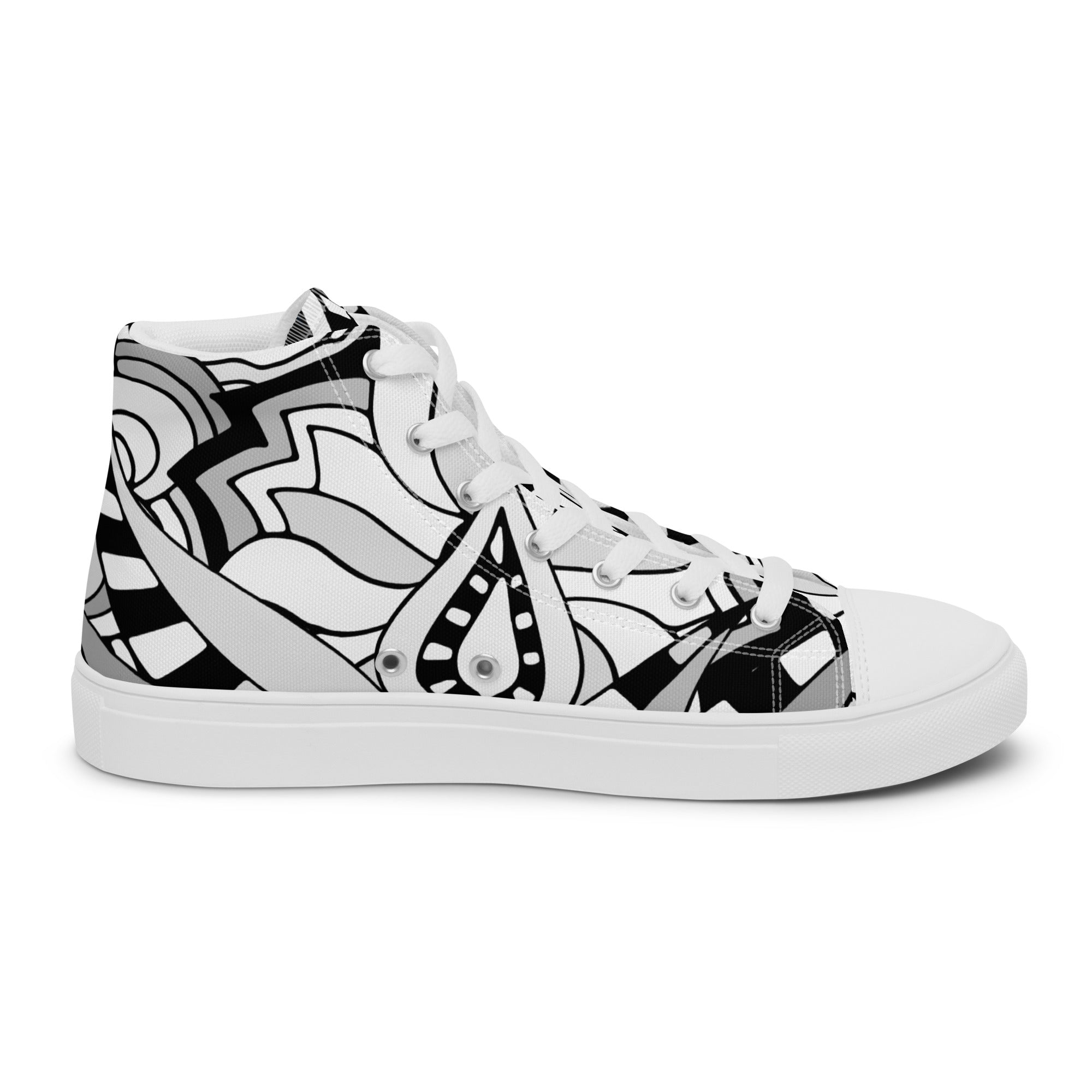 Men’s Abstract Wave High-Top Sneakers, Black & White, Canvas Casual Shoes