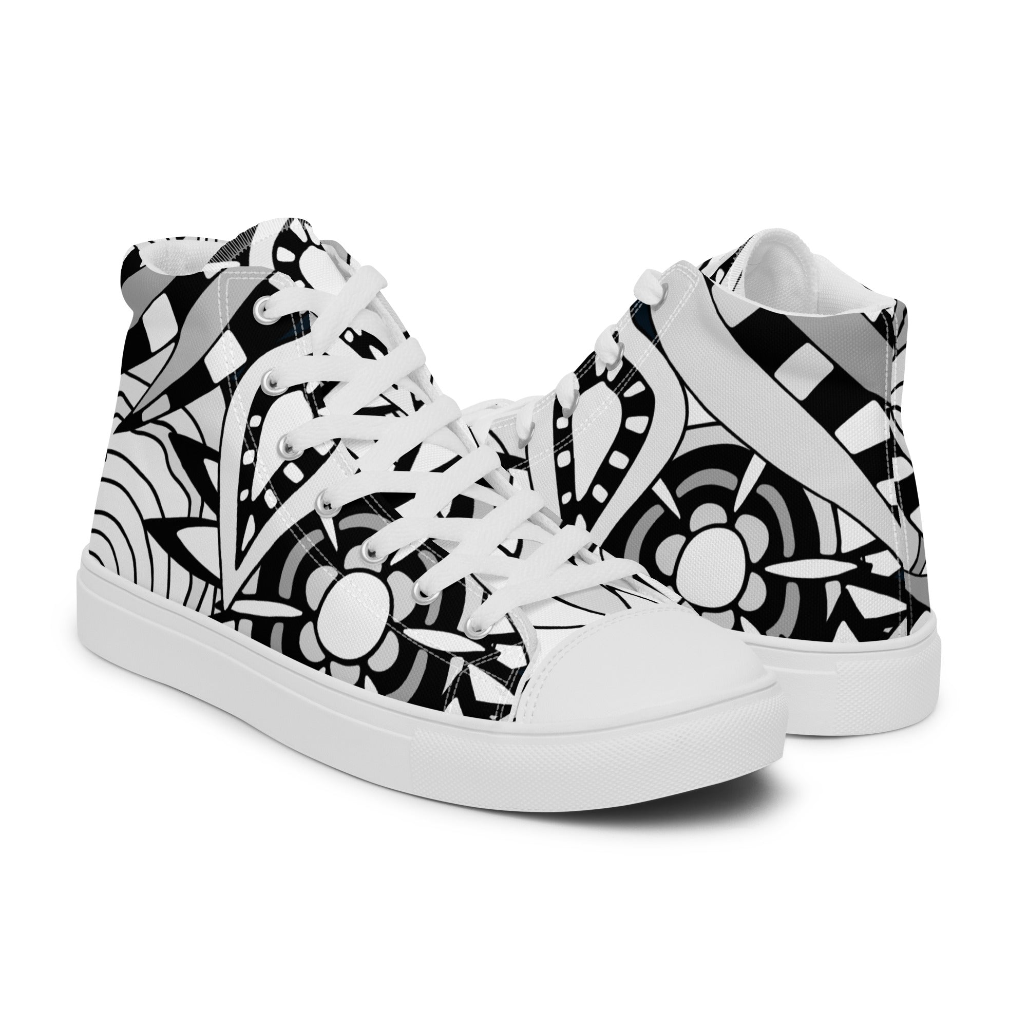 Men’s Abstract Wave High-Top Sneakers, Black & White, Canvas Casual Shoes