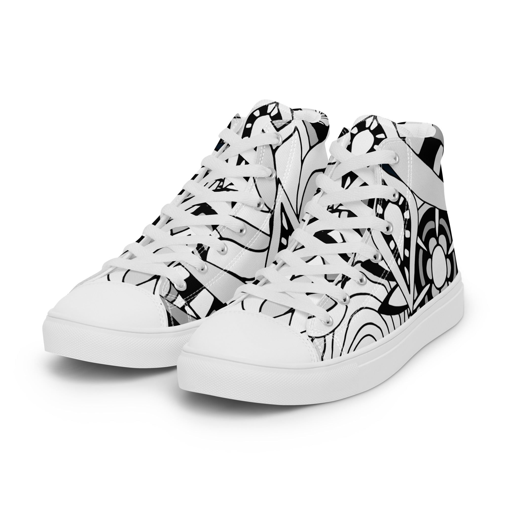 Men’s Abstract Wave High-Top Sneakers, Black & White, Canvas Casual Shoes