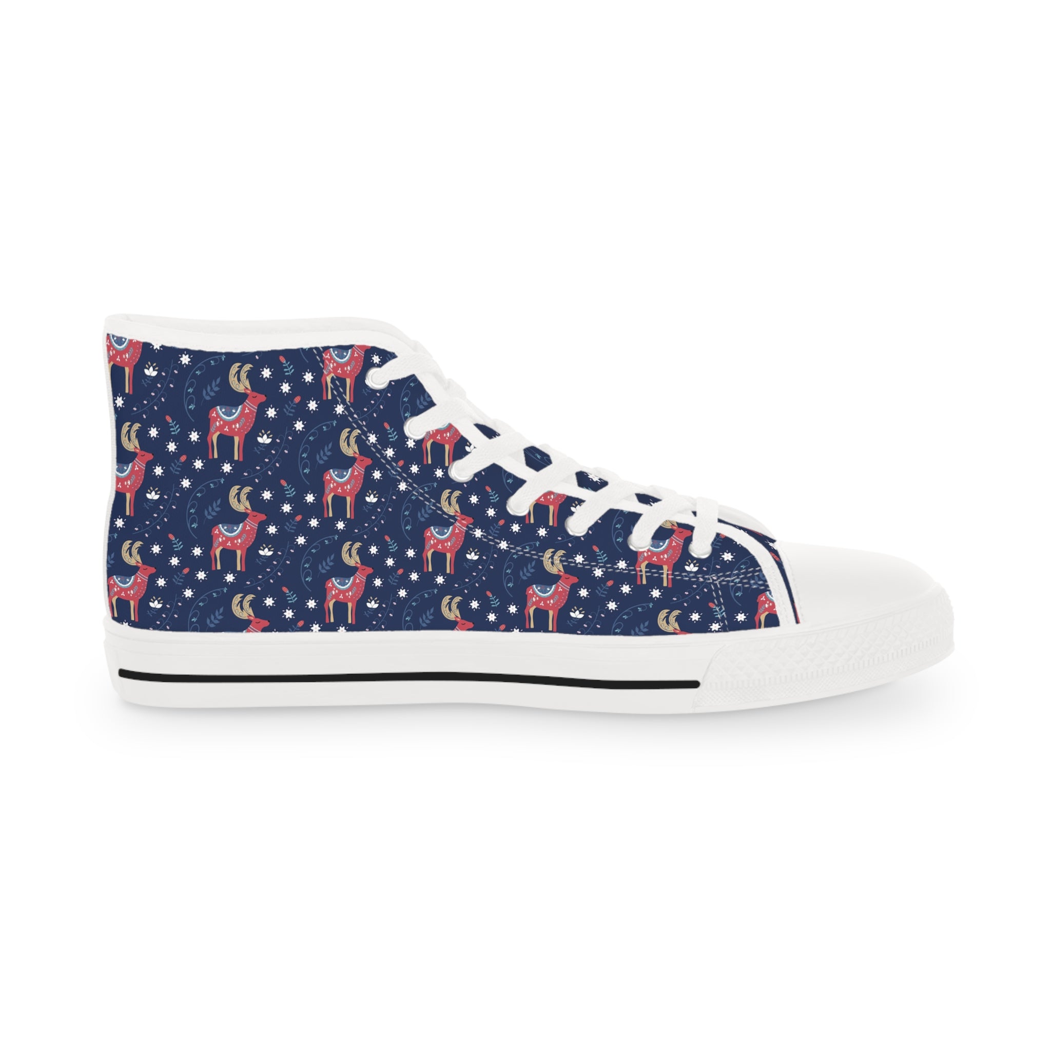 Men’s High-Top Canvas Sneakers with Festive Reindeer Pattern – Whimsical & Seasonal