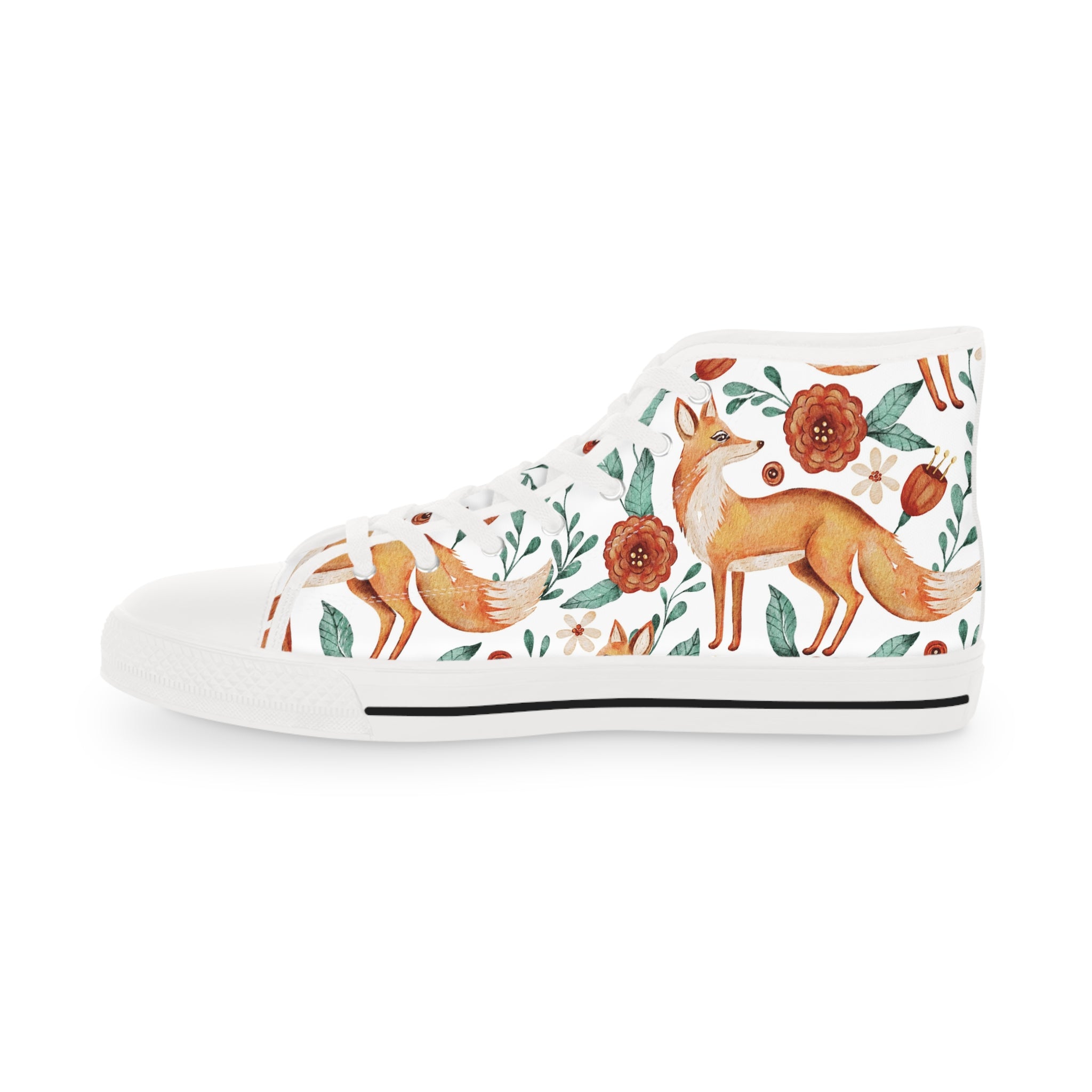 Men’s High-Top Canvas Sneakers with Fox and Floral Design – Nature-Inspired & Artistic