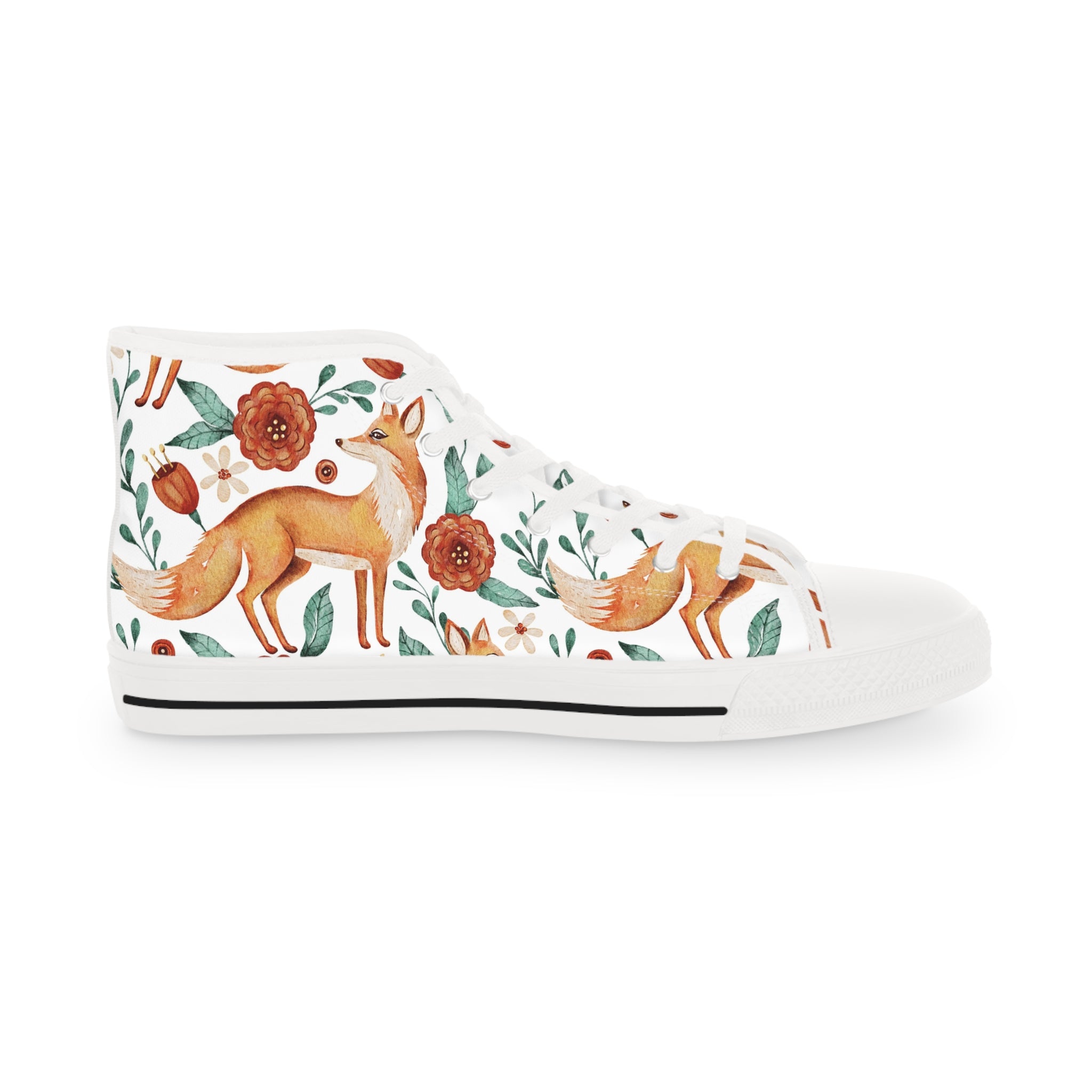 Men’s High-Top Canvas Sneakers with Fox and Floral Design – Nature-Inspired & Artistic