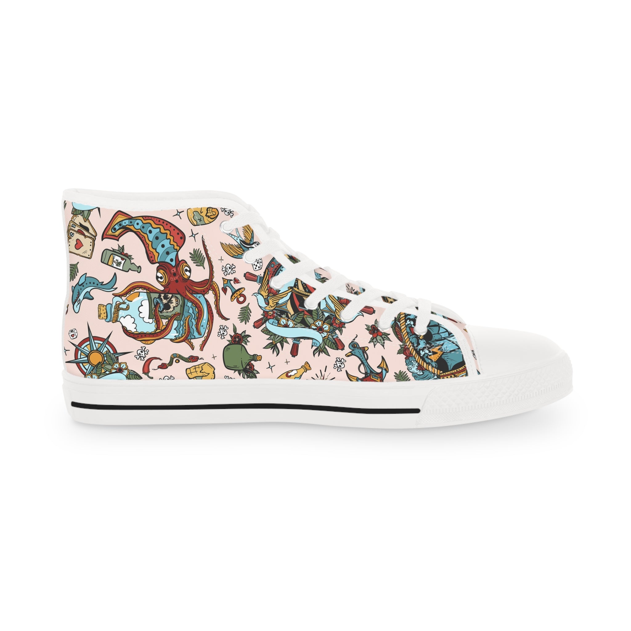 Men’s High-Top Canvas Sneakers with Octopus and Nautical Design – Marine-Inspired & Unique