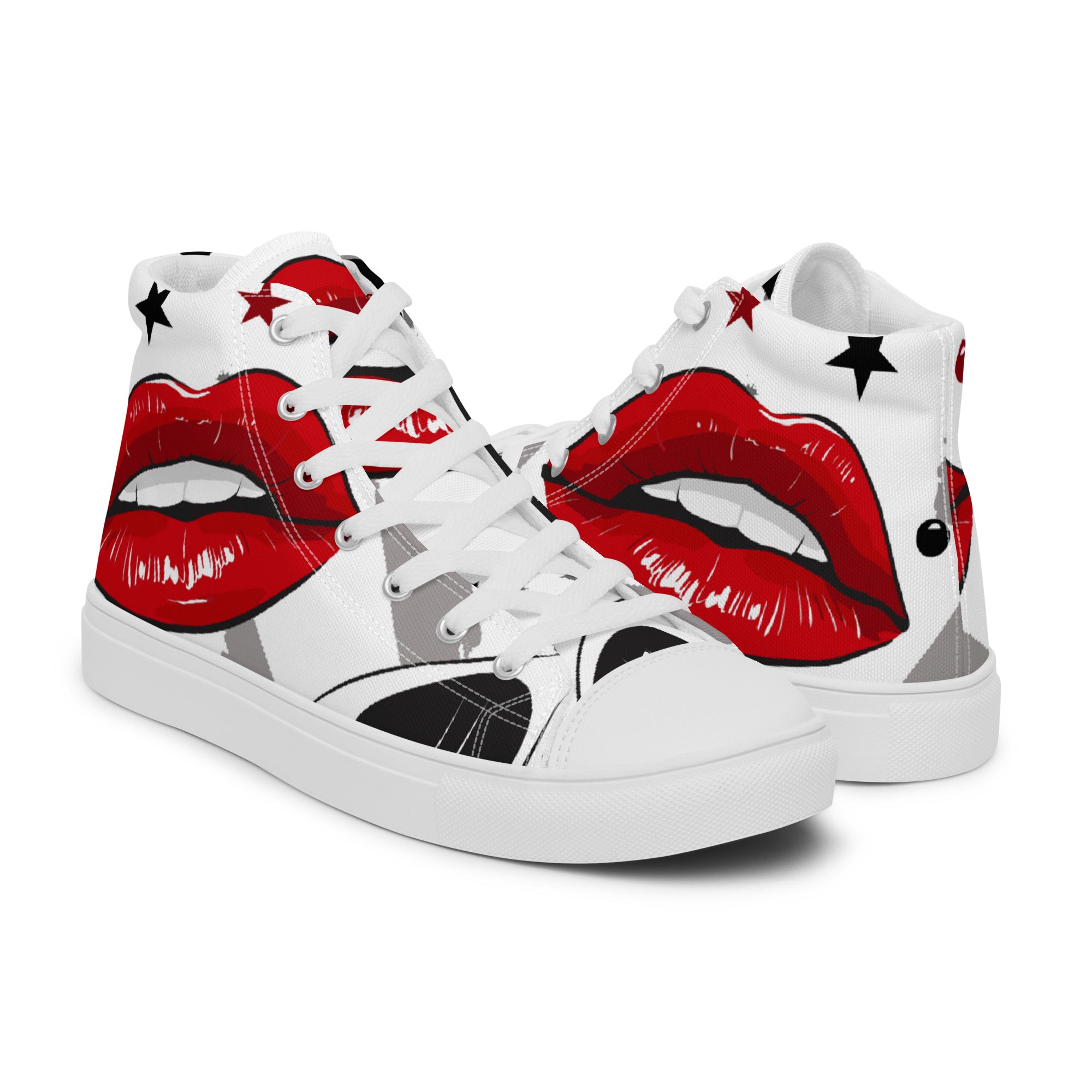 Men’s Red Lips High-Top Sneakers, White Canvas, Bold Graphic Print