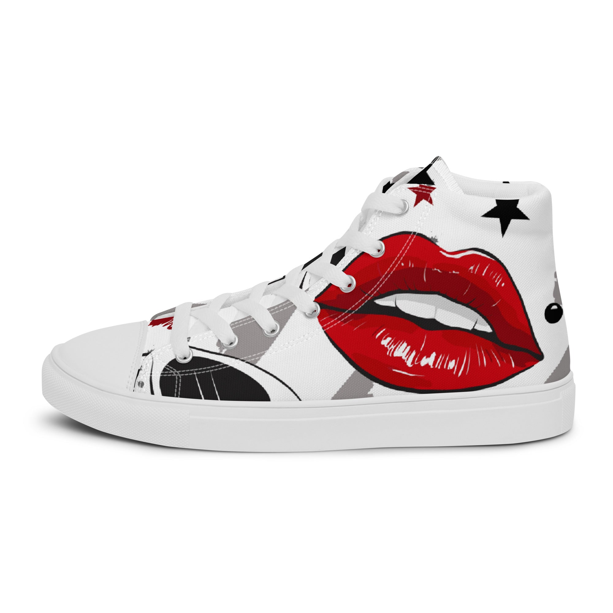 Men’s Red Lips High-Top Sneakers, White Canvas, Bold Graphic Print