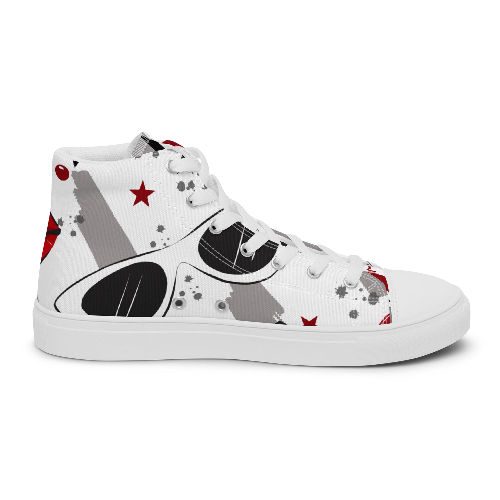 Men’s Red Lips High-Top Sneakers, White Canvas, Bold Graphic Print