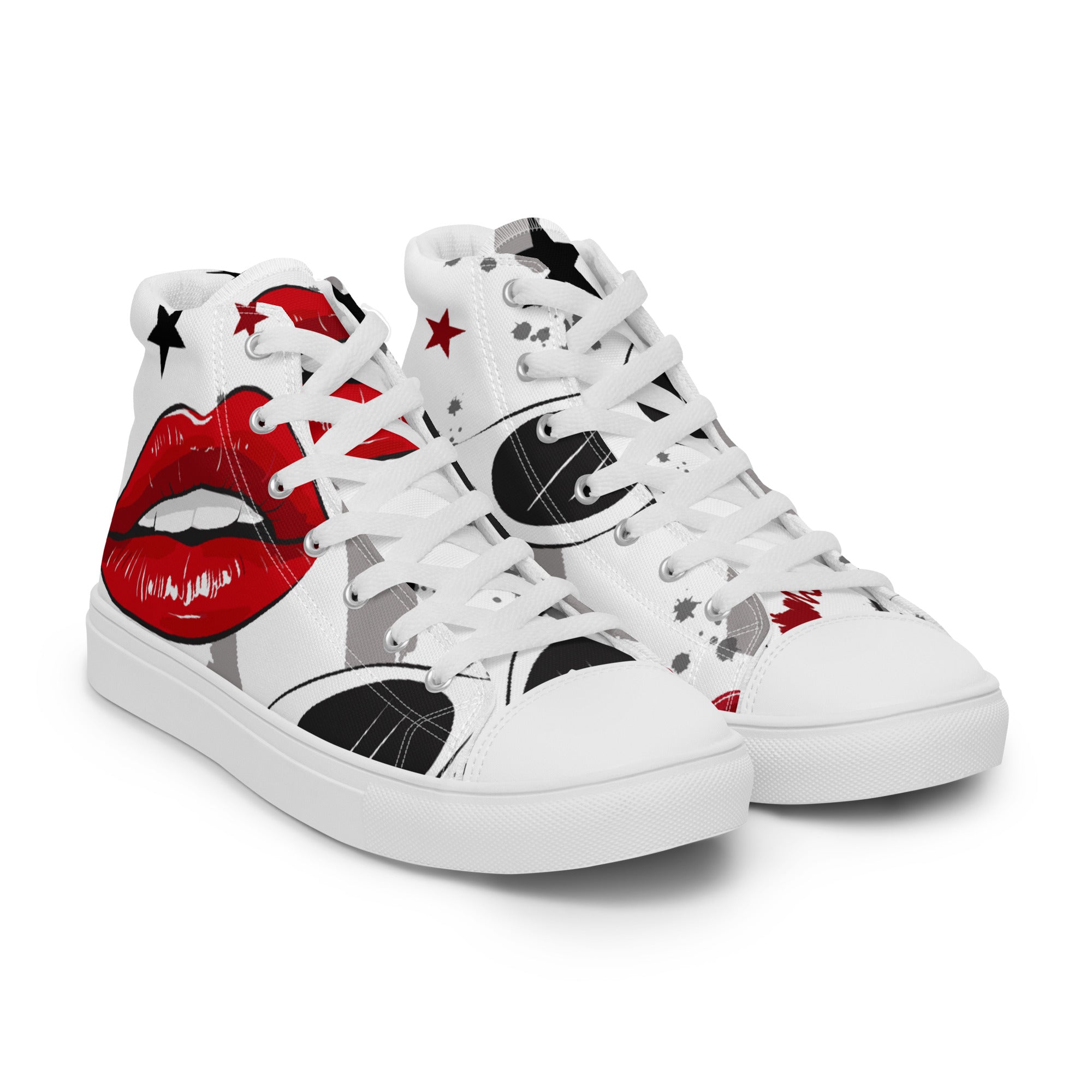 Men’s Red Lips High-Top Sneakers, White Canvas, Bold Graphic Print