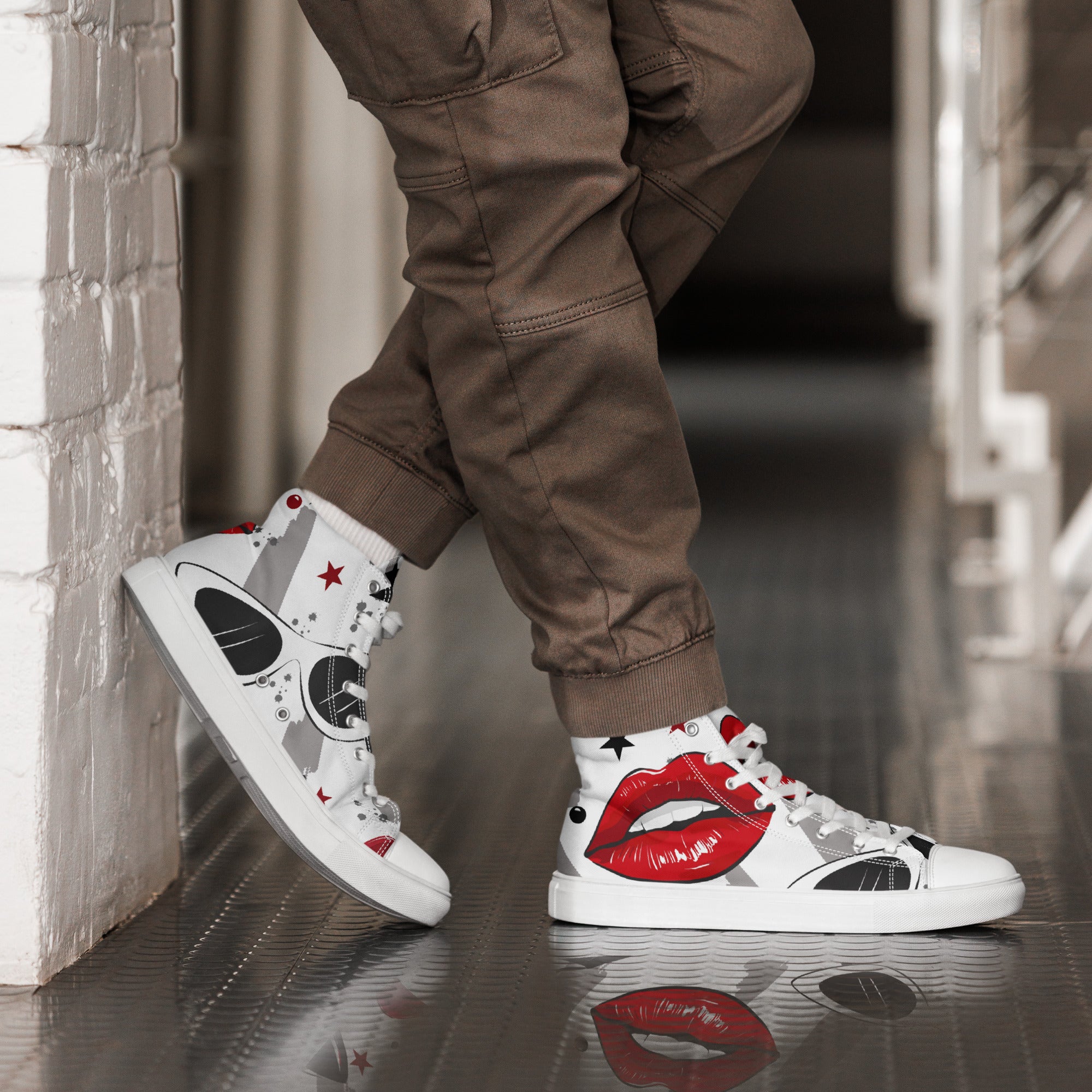 Men’s Red Lips High-Top Sneakers, White Canvas, Bold Graphic Print