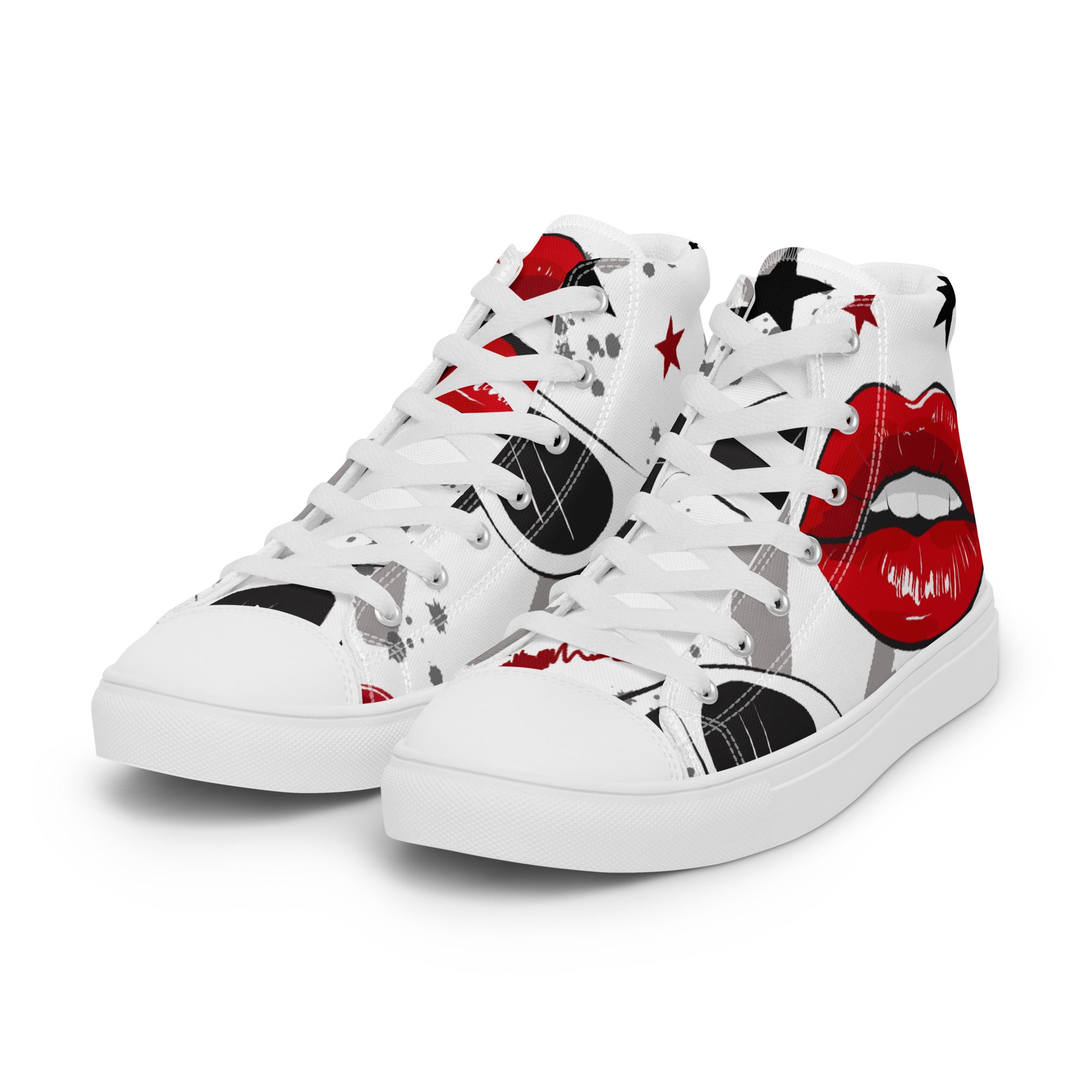 Men’s Red Lips High-Top Sneakers, White Canvas, Bold Graphic Print