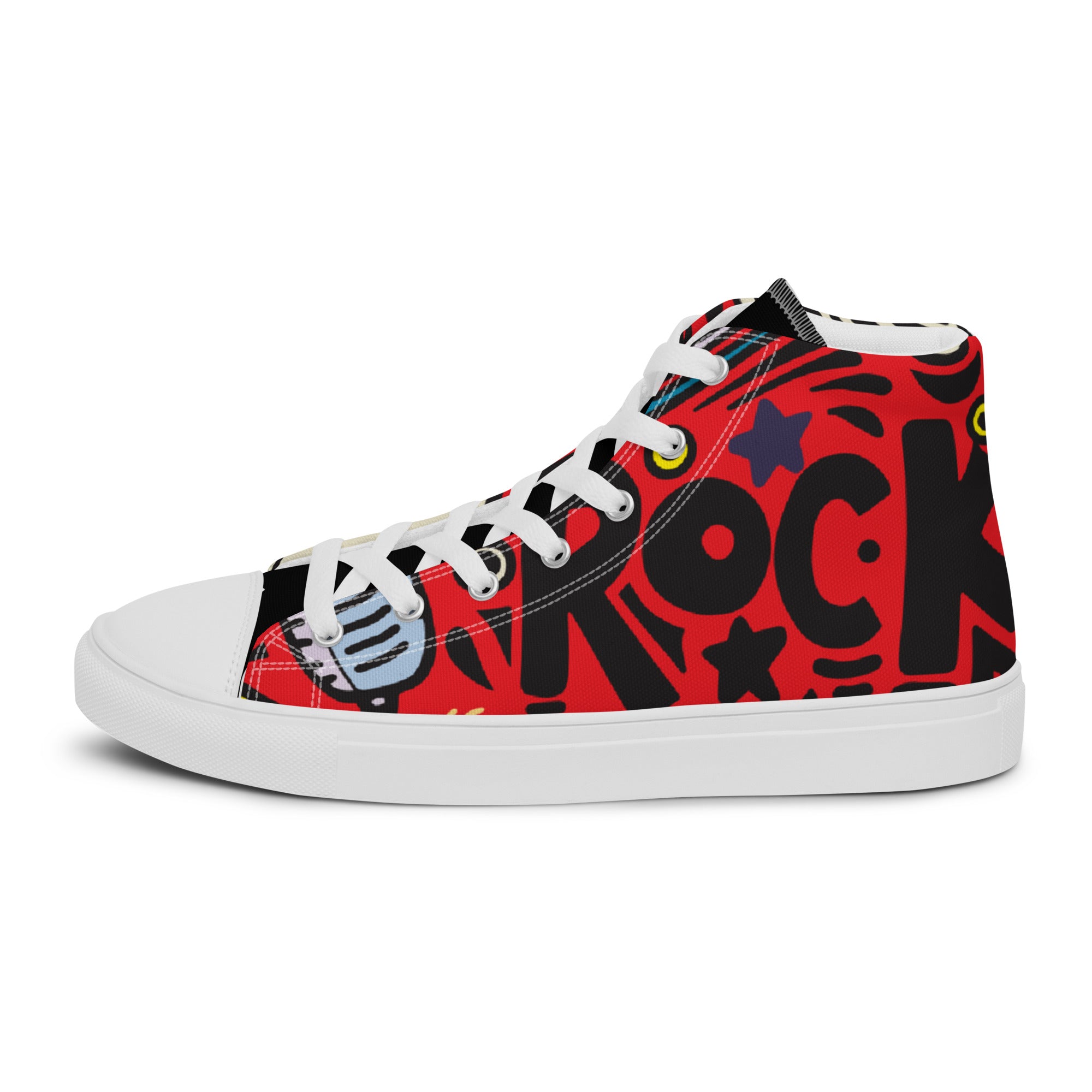 Men’s Rock Music High-Top Sneakers, Red Graphic Print Canvas Shoes