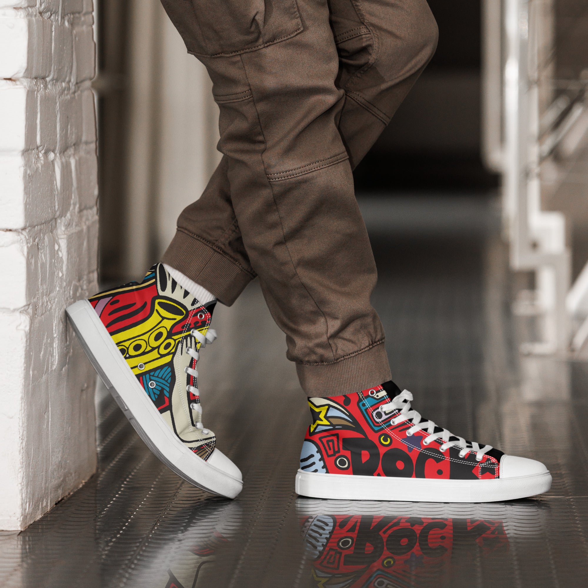 Men’s Rock Music High-Top Sneakers, Red Graphic Print Canvas Shoes