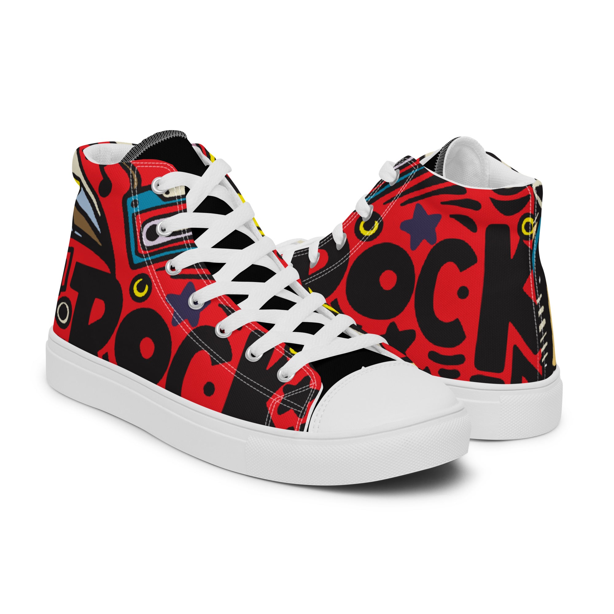 Men’s Rock Music High-Top Sneakers, Red Graphic Print Canvas Shoes