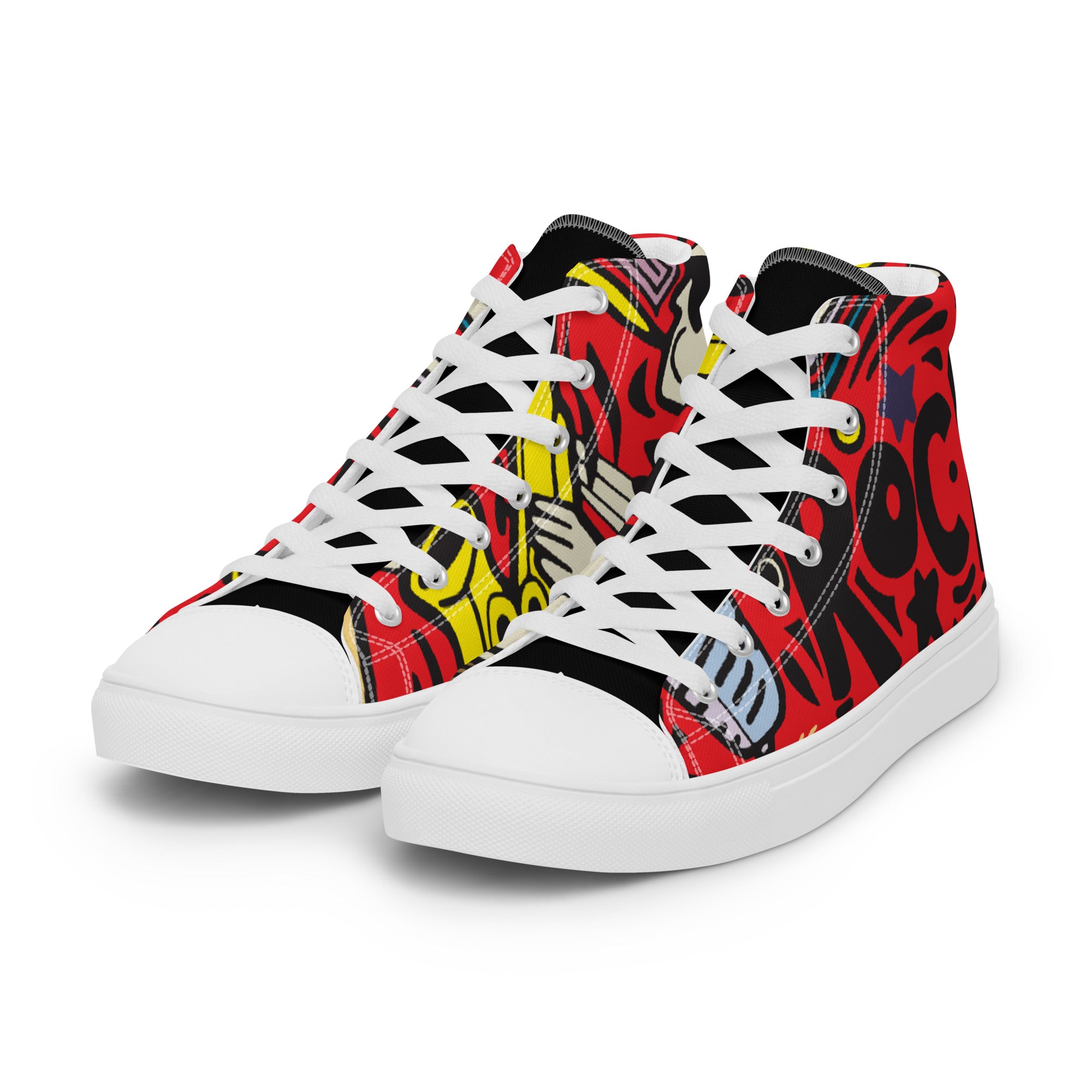 Men’s Rock Music High-Top Sneakers, Red Graphic Print Canvas Shoes