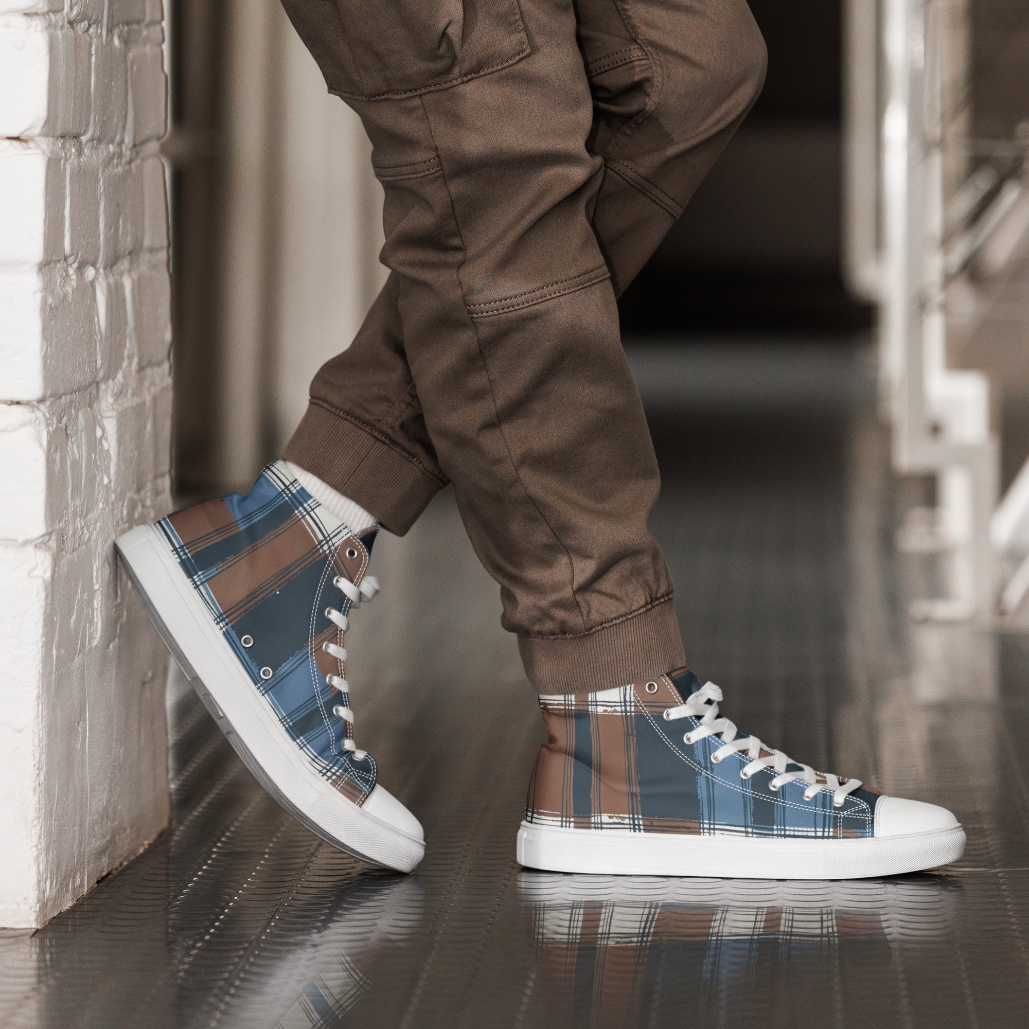 Men’s Blue & Brown Plaid High-Tops, Artistic Design Sneakers