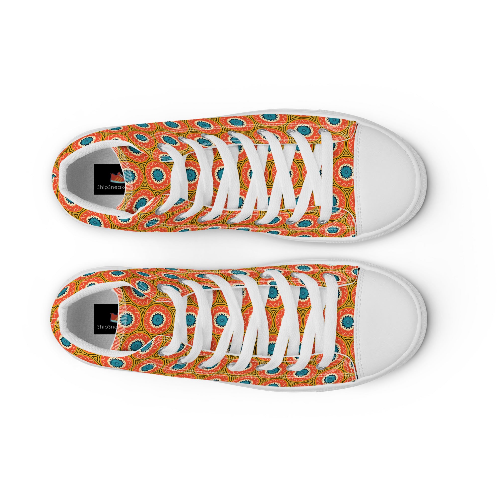 Men’s Geometric Pattern High-Top Sneakers, Orange & Teal, Canvas Casual Shoes