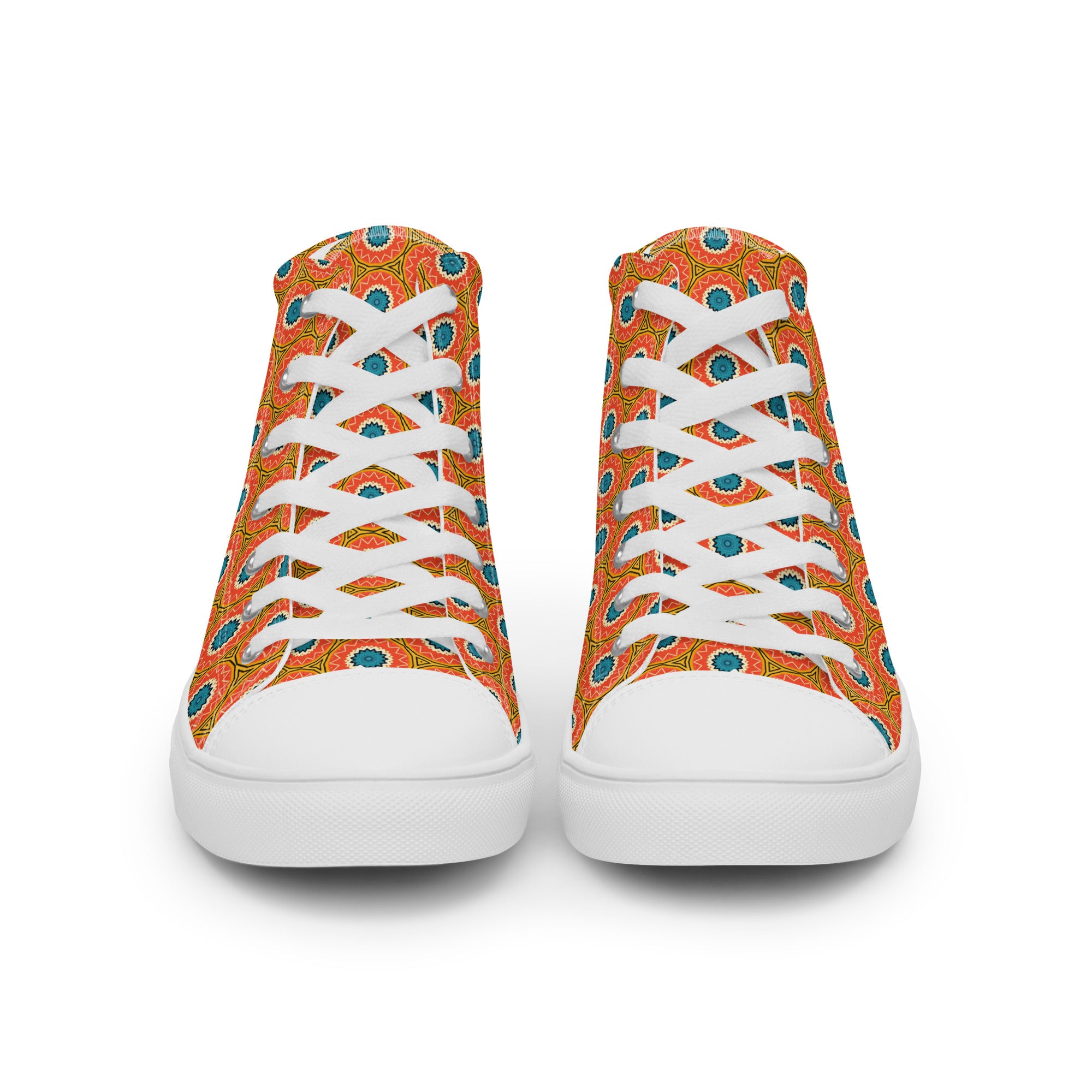 Men’s Geometric Pattern High-Top Sneakers, Orange & Teal, Canvas Casual Shoes