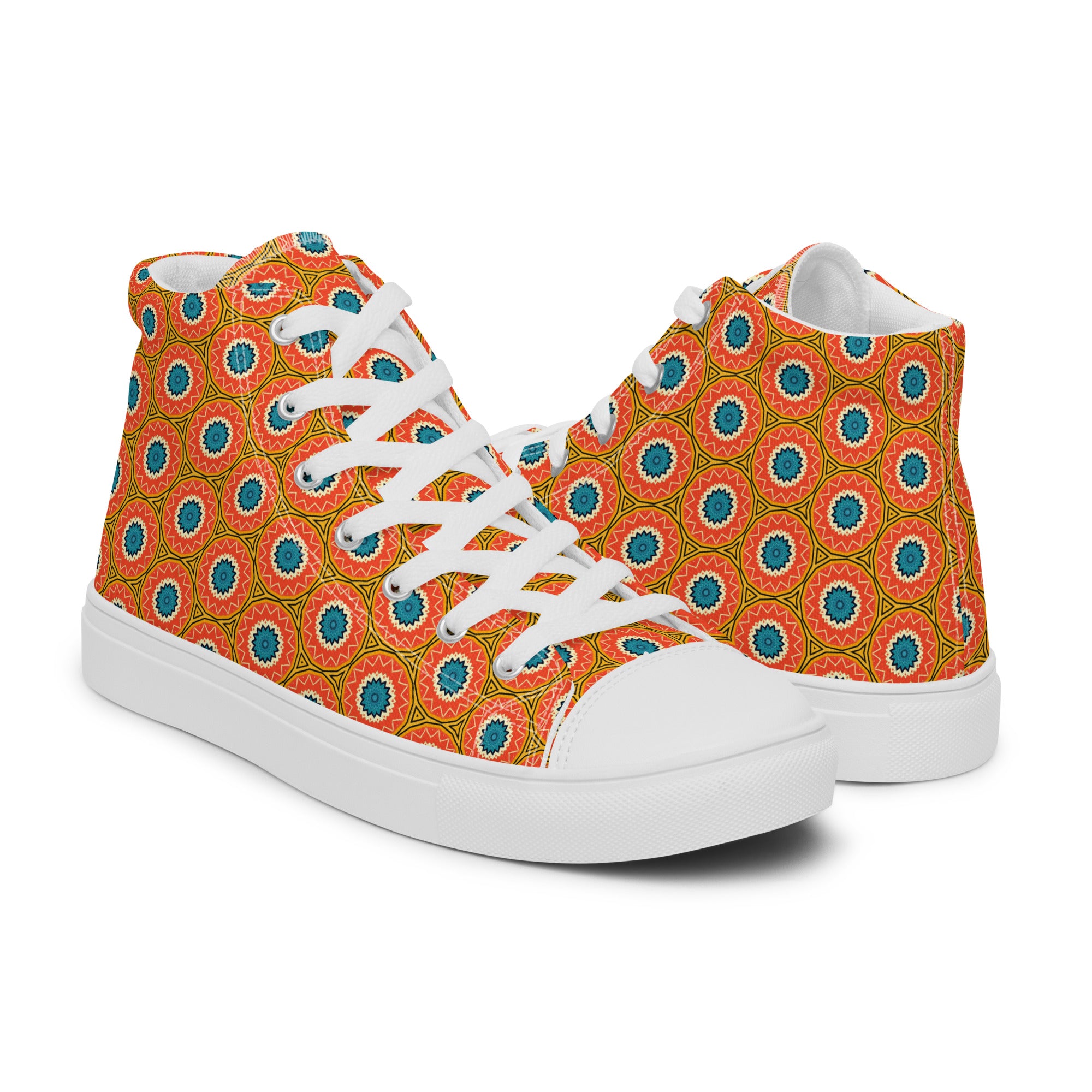 Men’s Geometric Pattern High-Top Sneakers, Orange & Teal, Canvas Casual Shoes