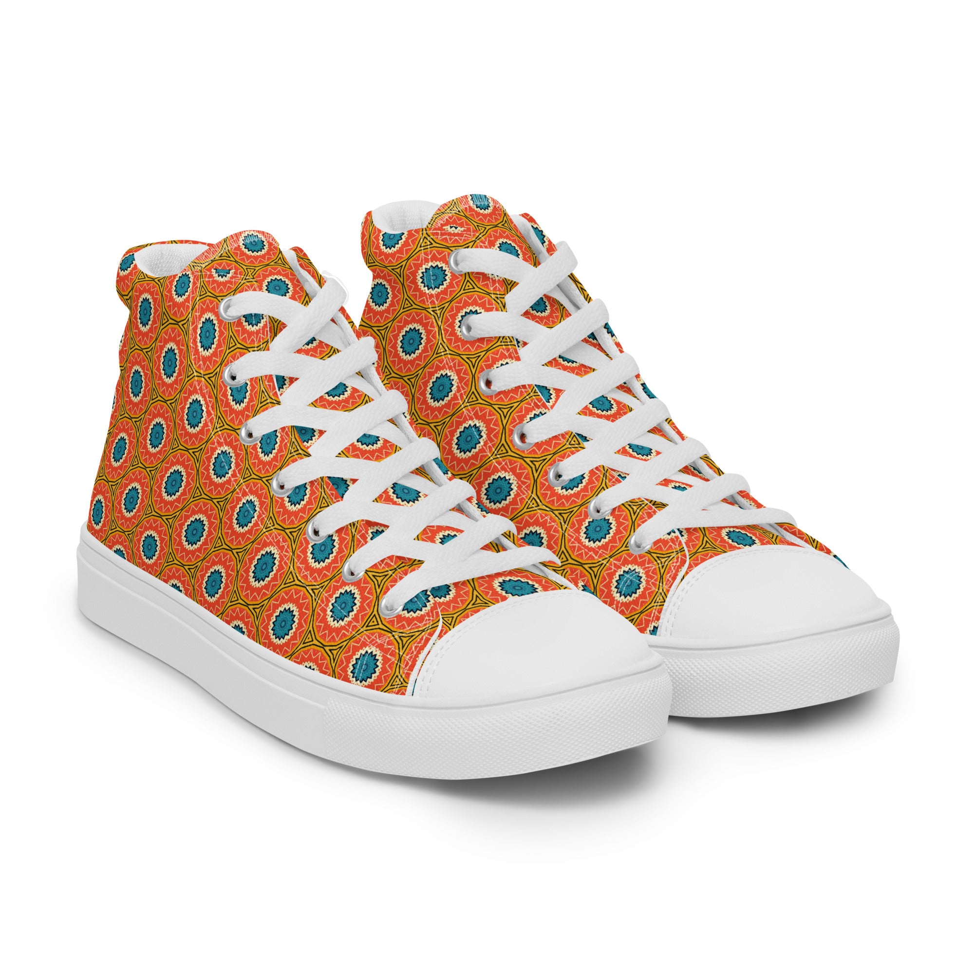 Men’s Geometric Pattern High-Top Sneakers, Orange & Teal, Canvas Casual Shoes