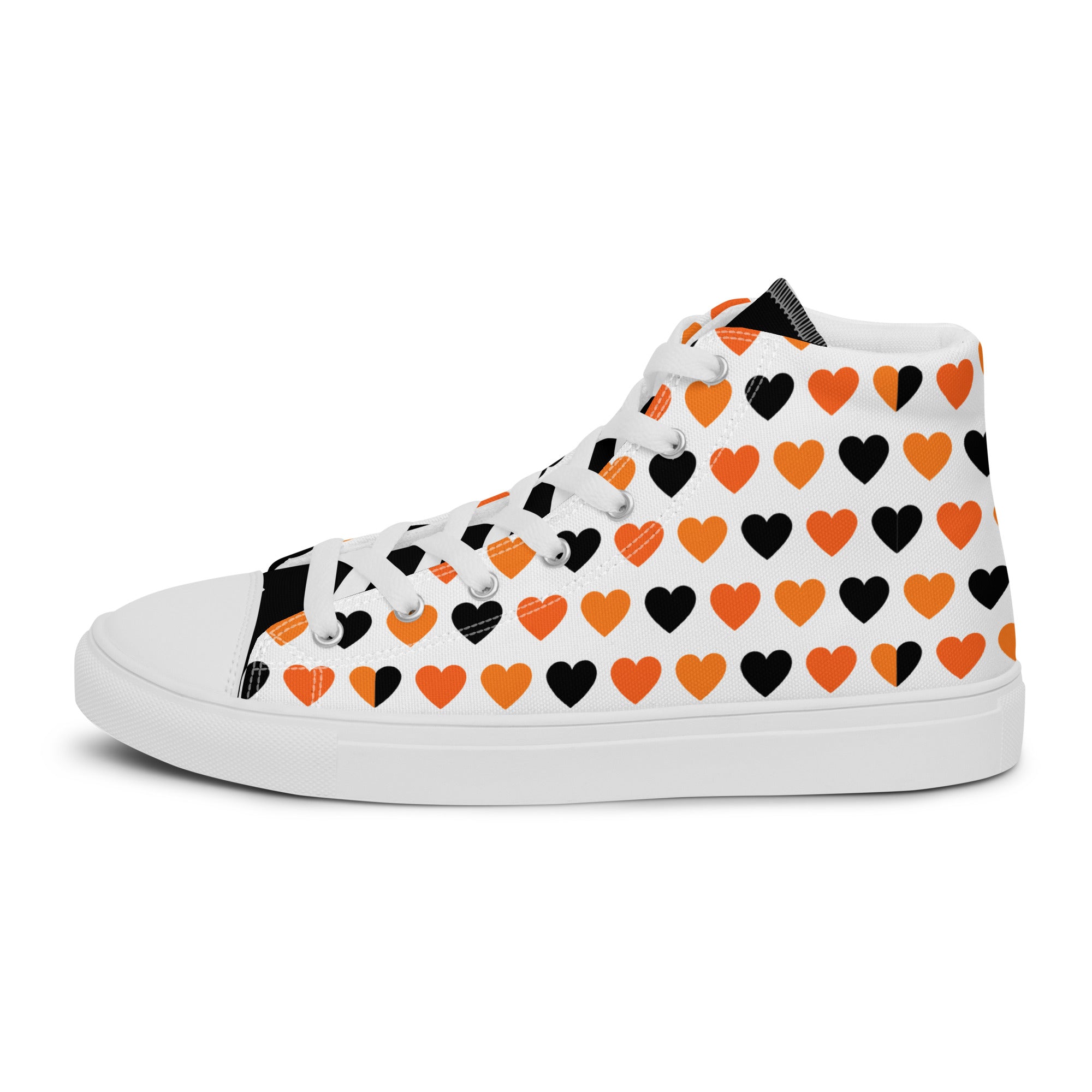 Men’s Heart High-Top Sneakers, Orange and Black, Canvas Casual Shoes