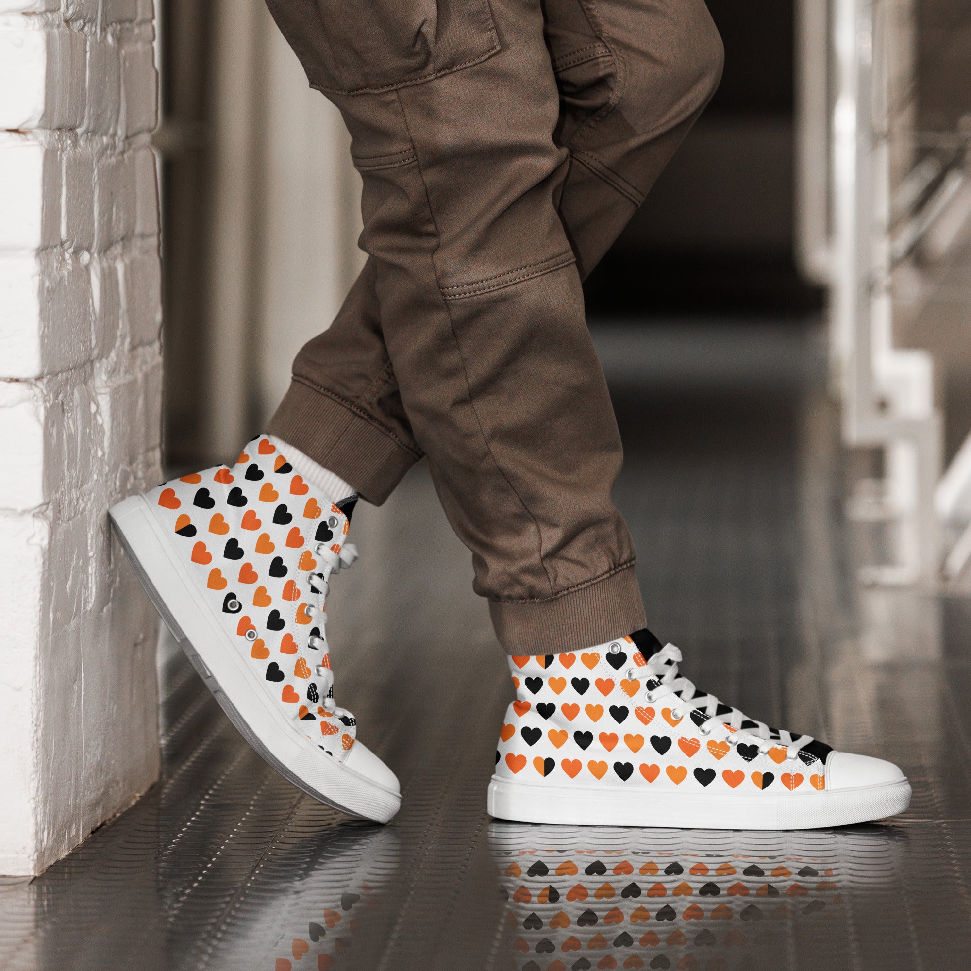 Men’s Heart High-Top Sneakers, Orange and Black, Canvas Casual Shoes