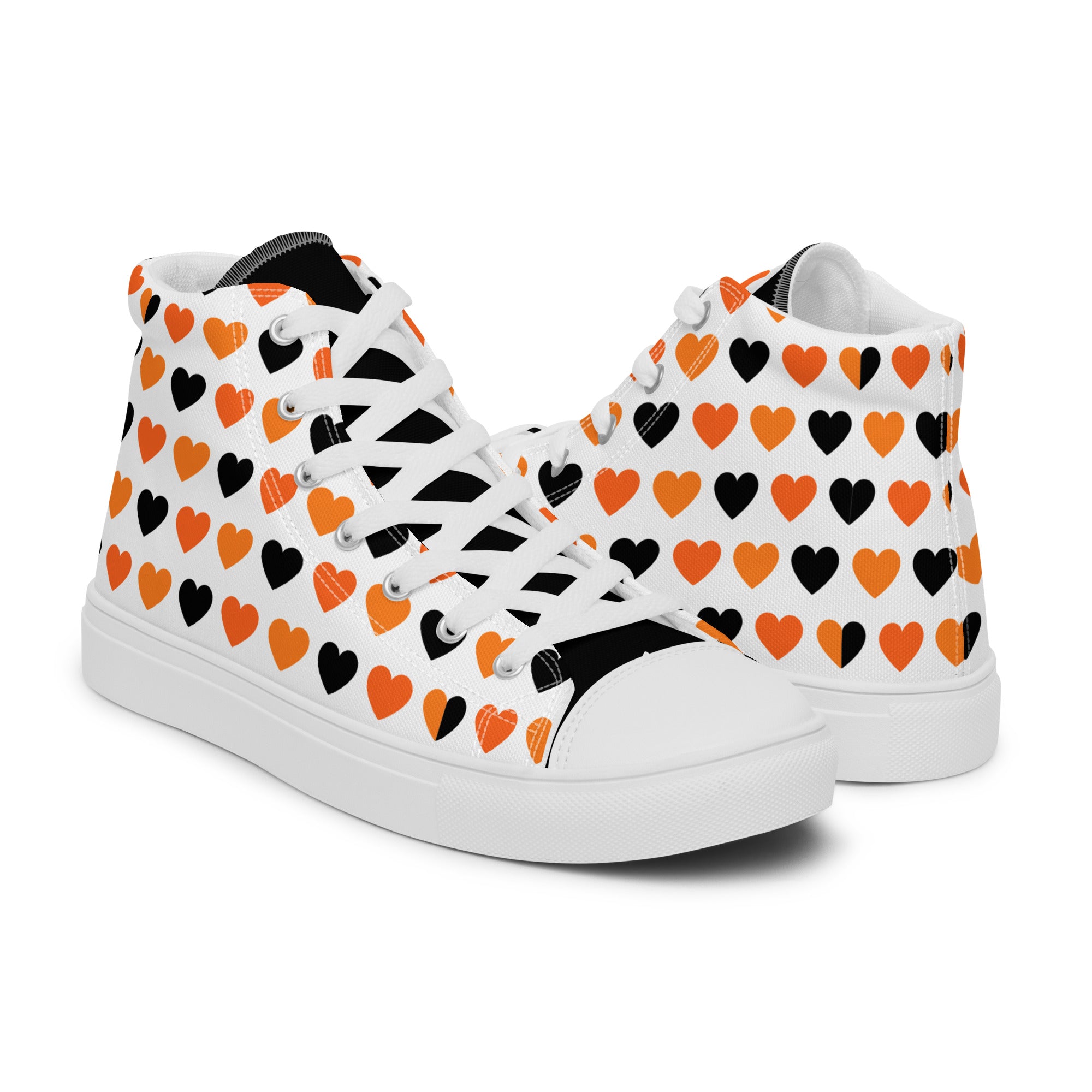 Men’s Heart High-Top Sneakers, Orange and Black, Canvas Casual Shoes